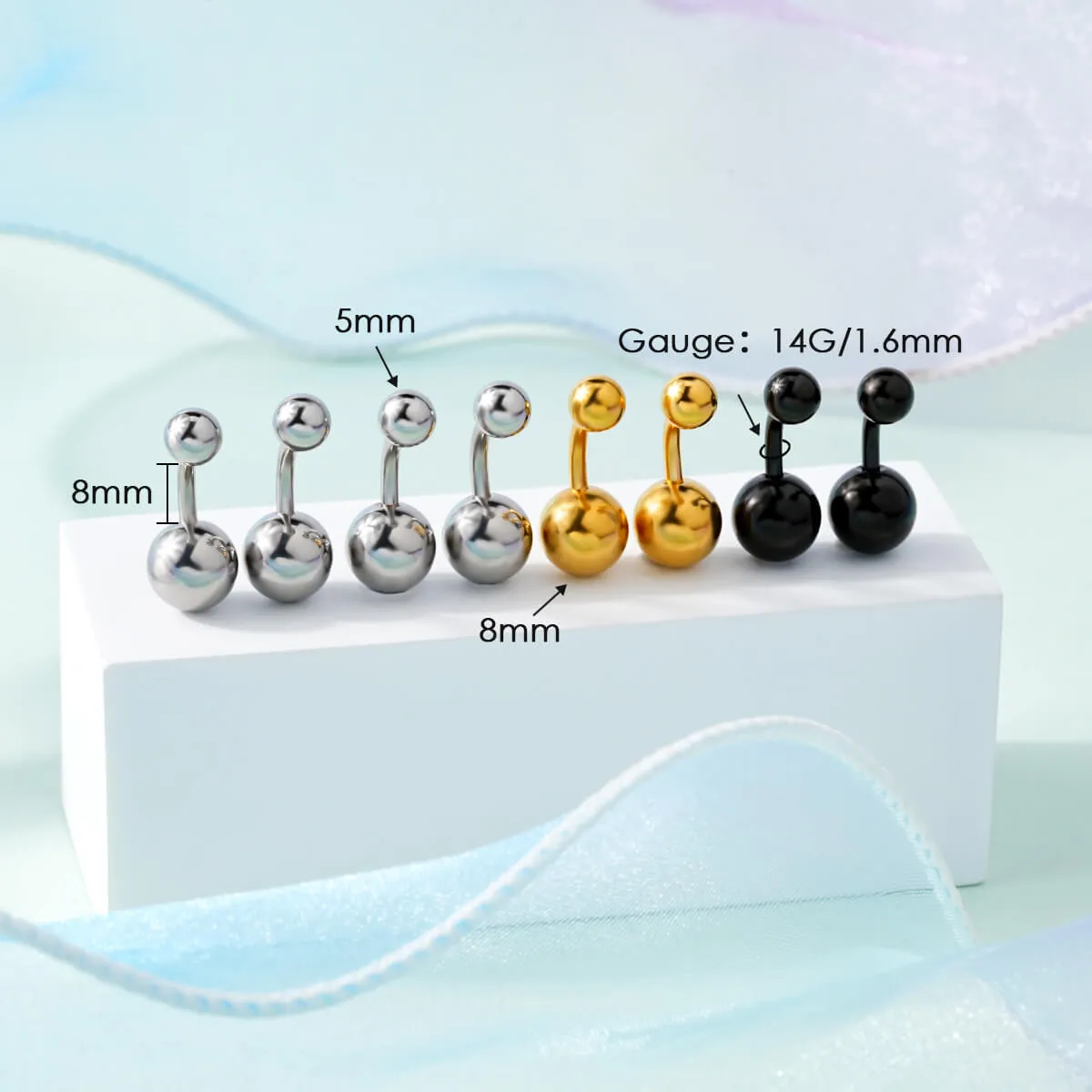 14G 8PCS 8/10/12/14mm Balls Top Belly Ring