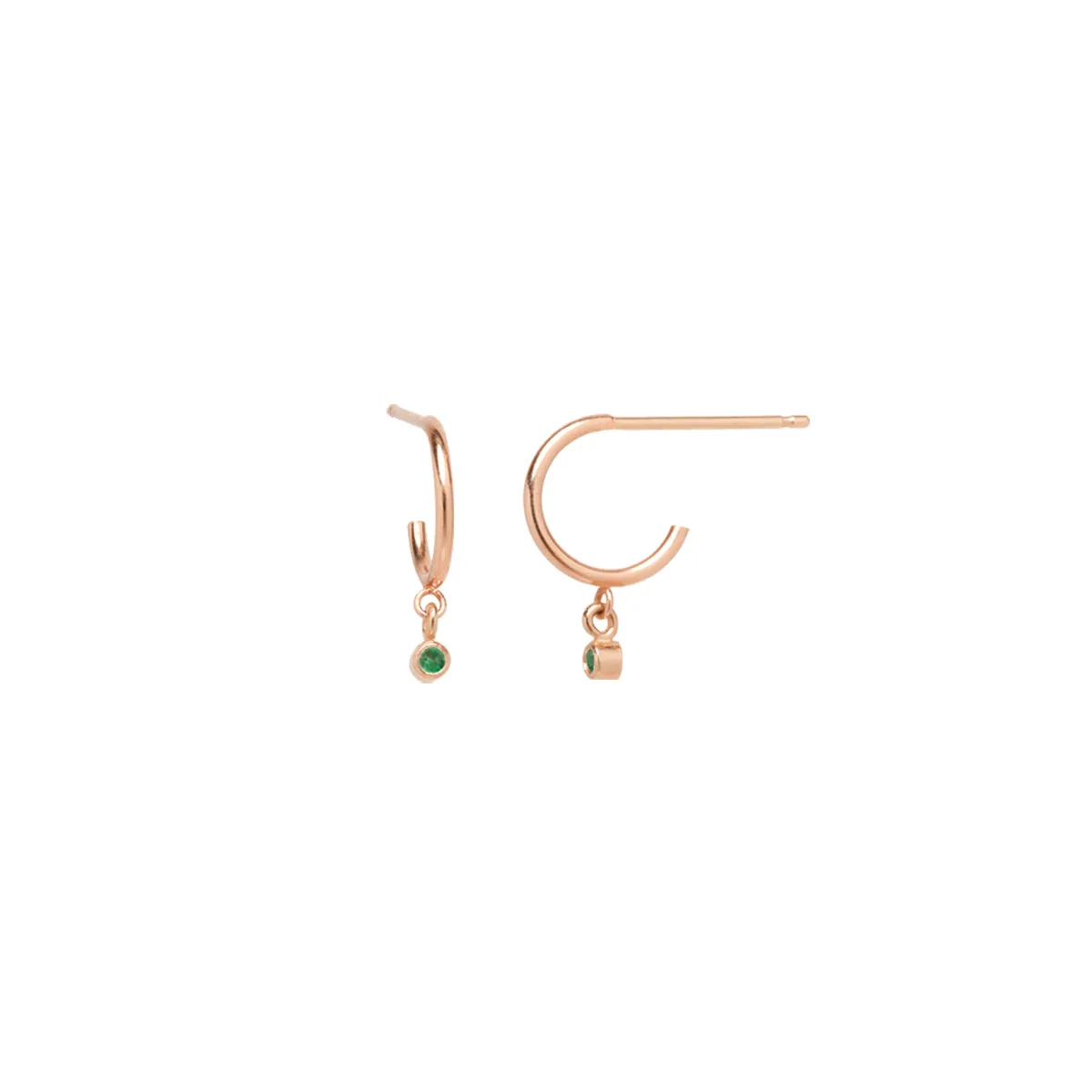 14k Dangling Emerald Huggie Hoops | May Birthstone