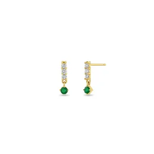 14k Diamond Bar Drop with Dangling Prong Emerald Earrings