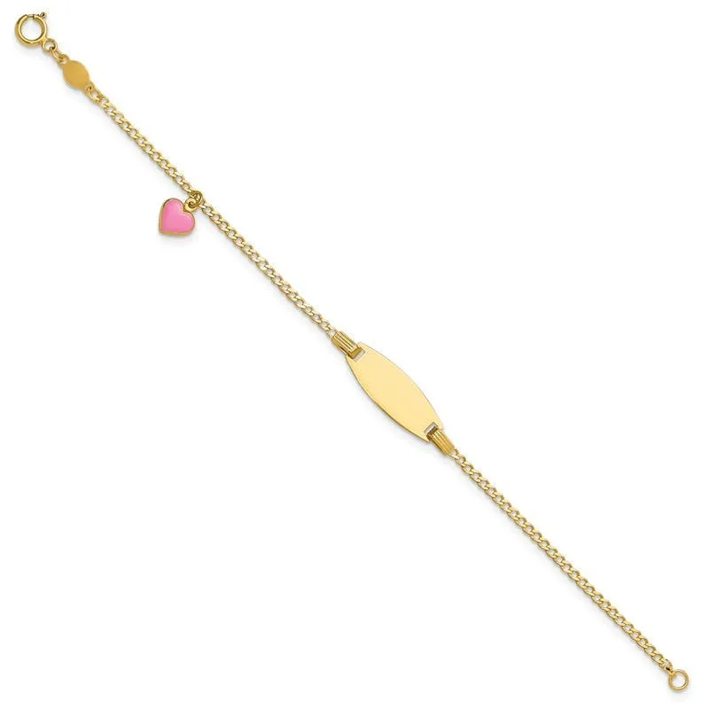 14k Polished Kids ID with Pink Enameled Puff Heart 5.5in Bracelet