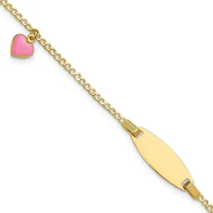 14k Polished Kids ID with Pink Enameled Puff Heart 5.5in Bracelet