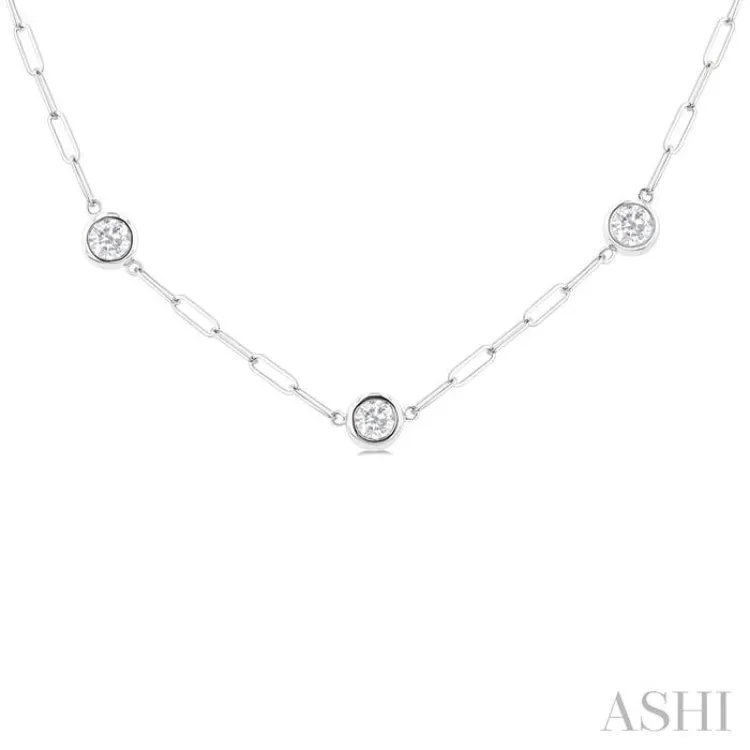 2 ctw Bezel Set Round Cut Diamond Paper Clip Station Necklace in 14K White Gold