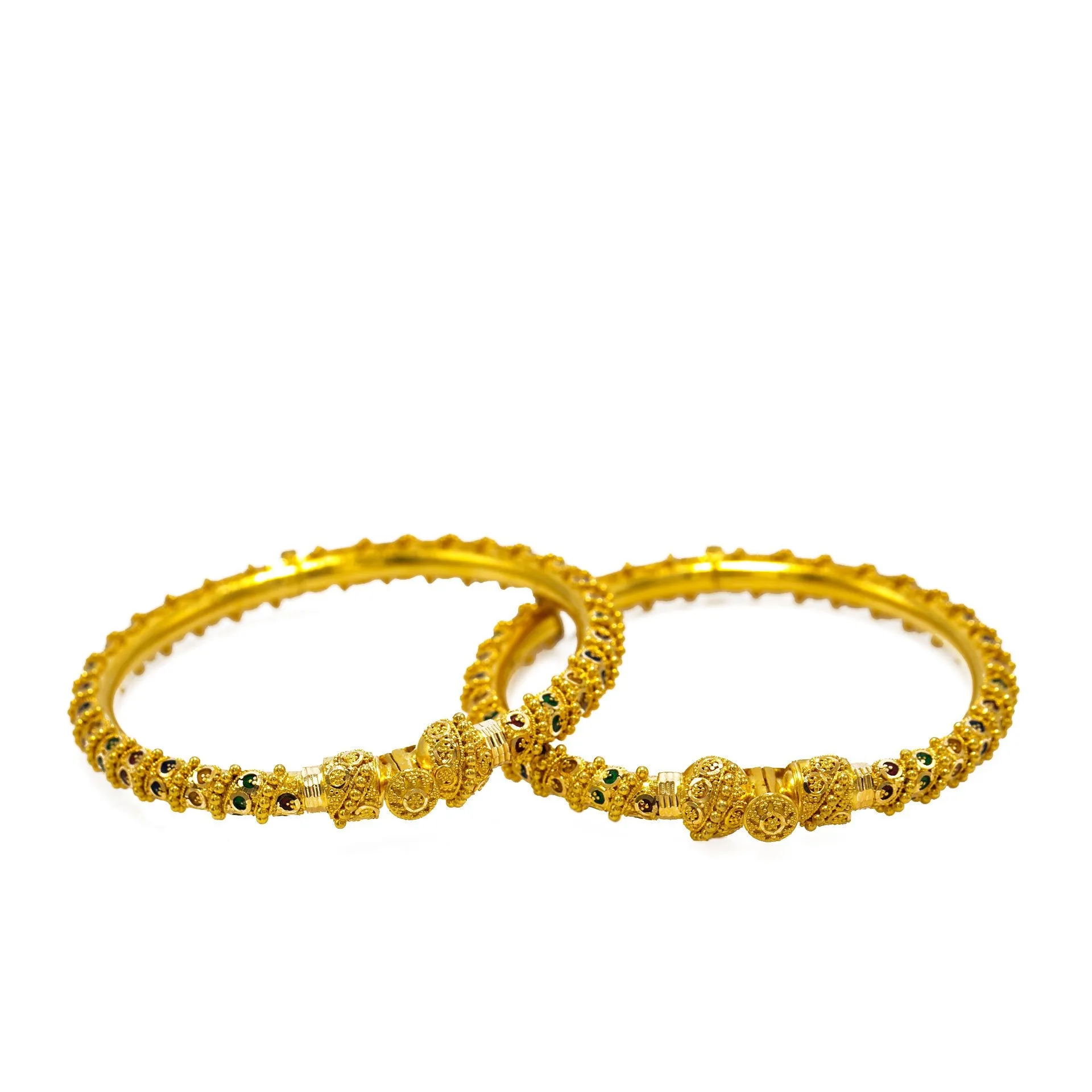 22K  Yellow Gold Bangles Set of 2 W/ Hand Painted Details & Faceted Gold Ball Details