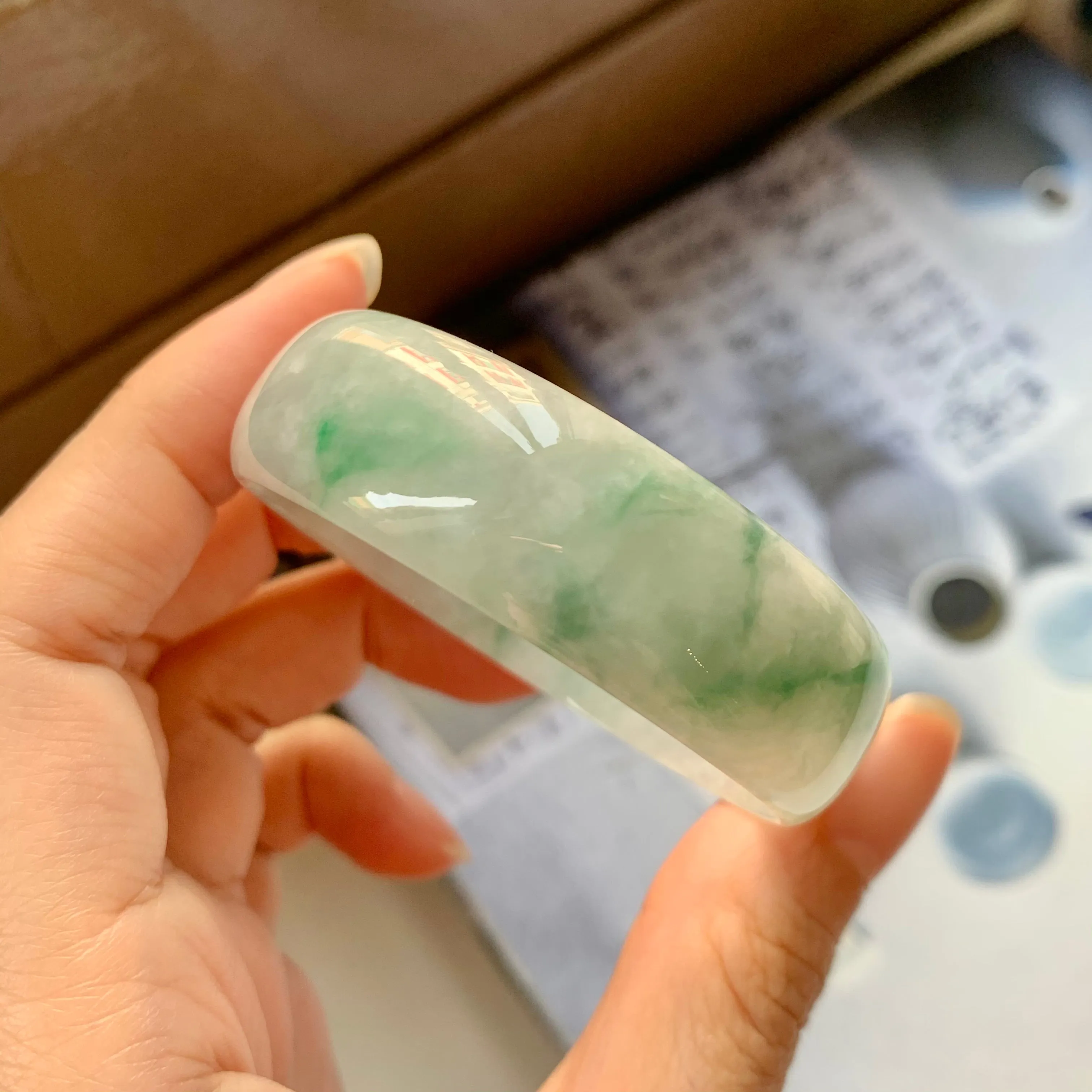 50.7mm A-Grade Natural Floral Jadeite Modern Round Bangle No.151636