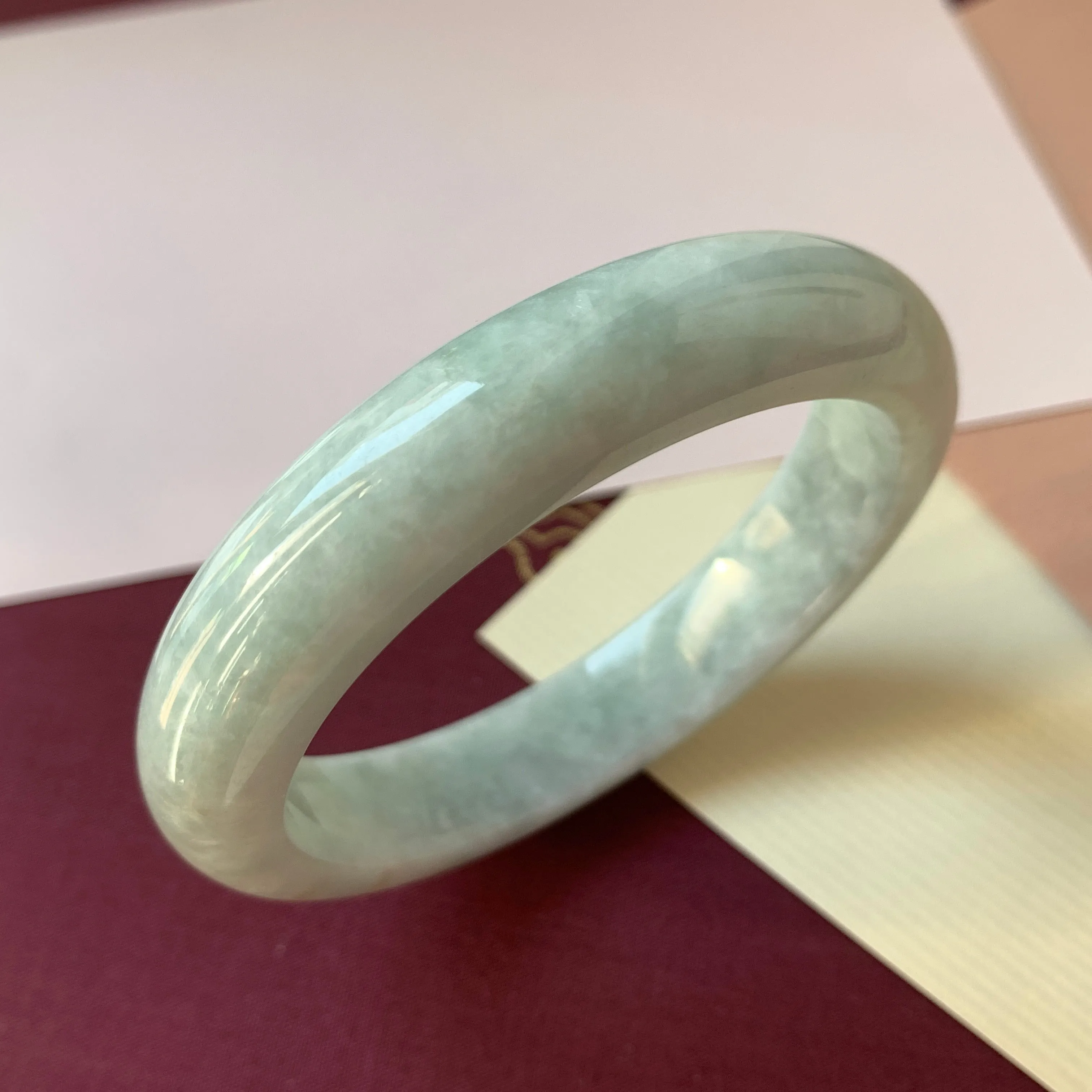 53.7mm A-Grade Natural Light Green Jadeite Modern Round Bangle No.330079