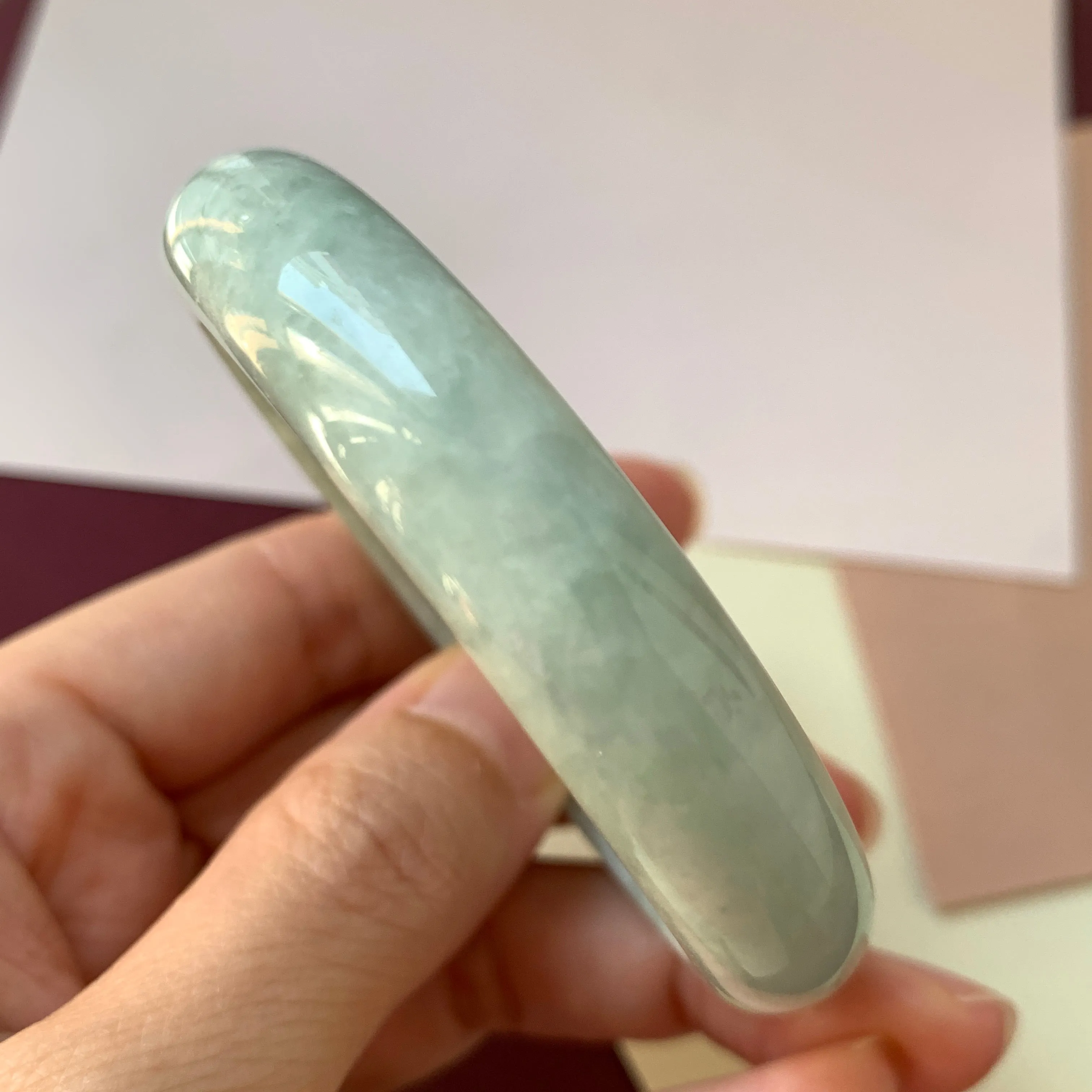 53.7mm A-Grade Natural Light Green Jadeite Modern Round Bangle No.330079