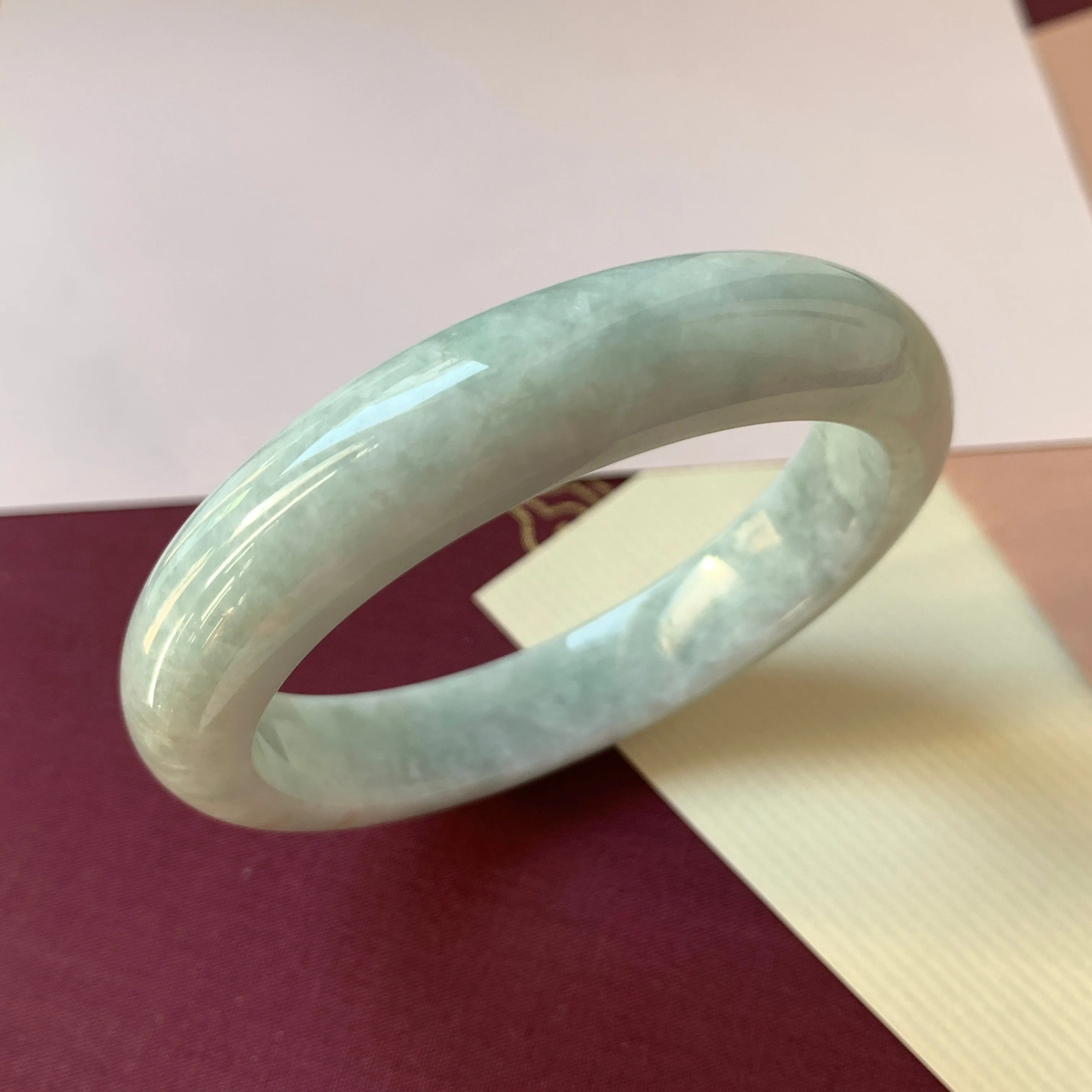 53.7mm A-Grade Natural Light Green Jadeite Modern Round Bangle No.330079