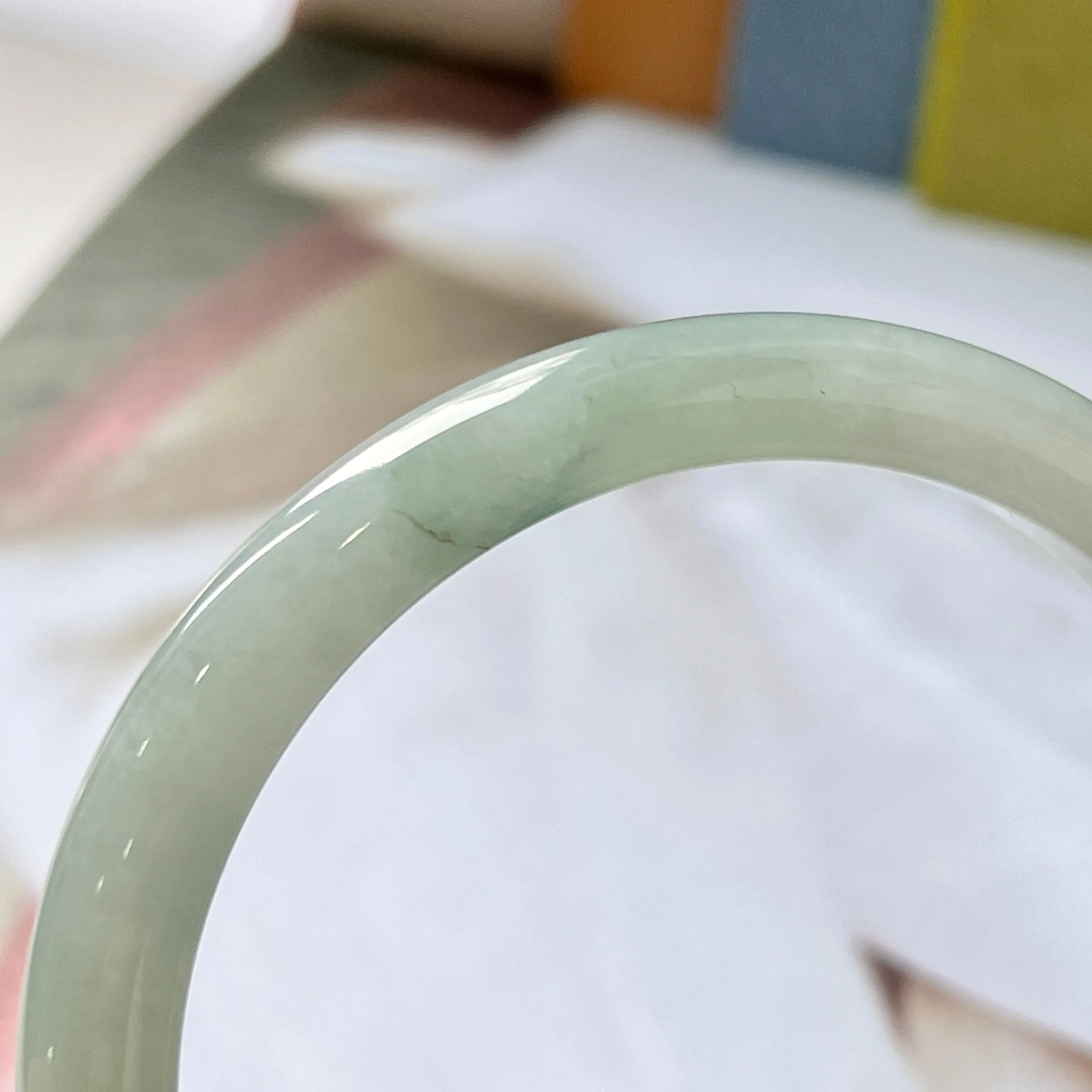 55.3mm A-Grade Natural Light Green Jadeite Modern Round Bangle No.330077