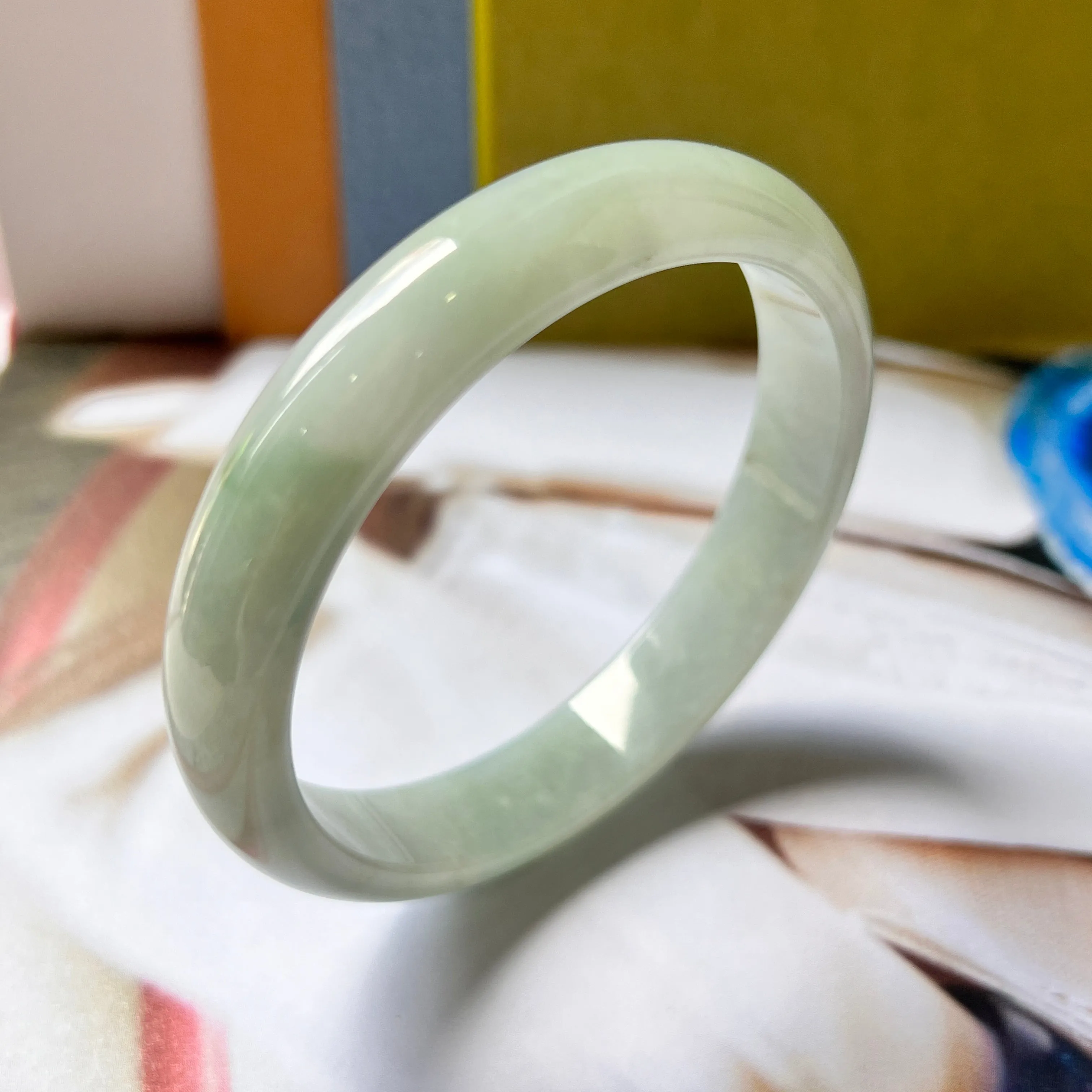 56.1mm A-Grade Natural Light Green Jadeite Modern Round Bangle No.330078