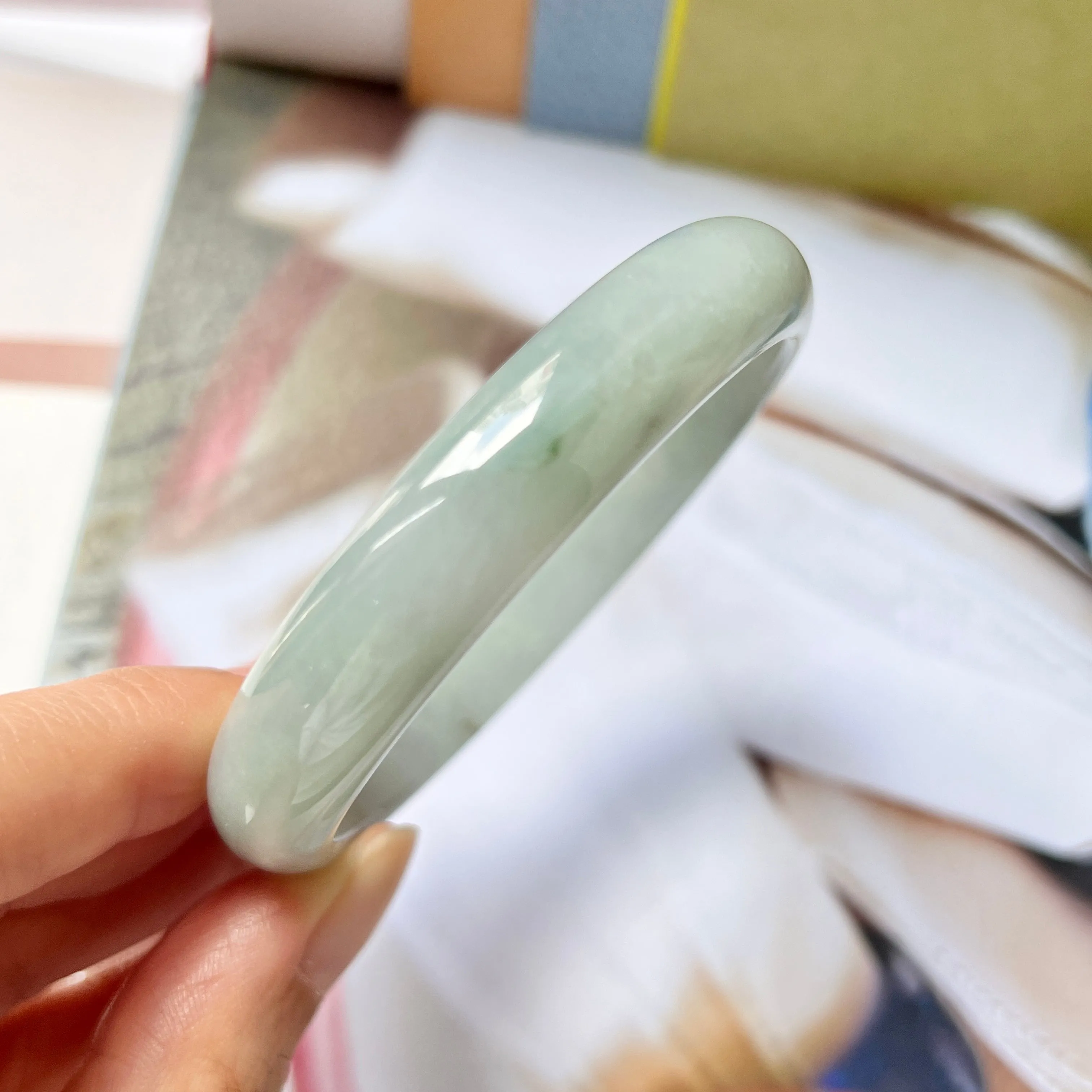 56.1mm A-Grade Natural Light Green Jadeite Modern Round Bangle No.330078