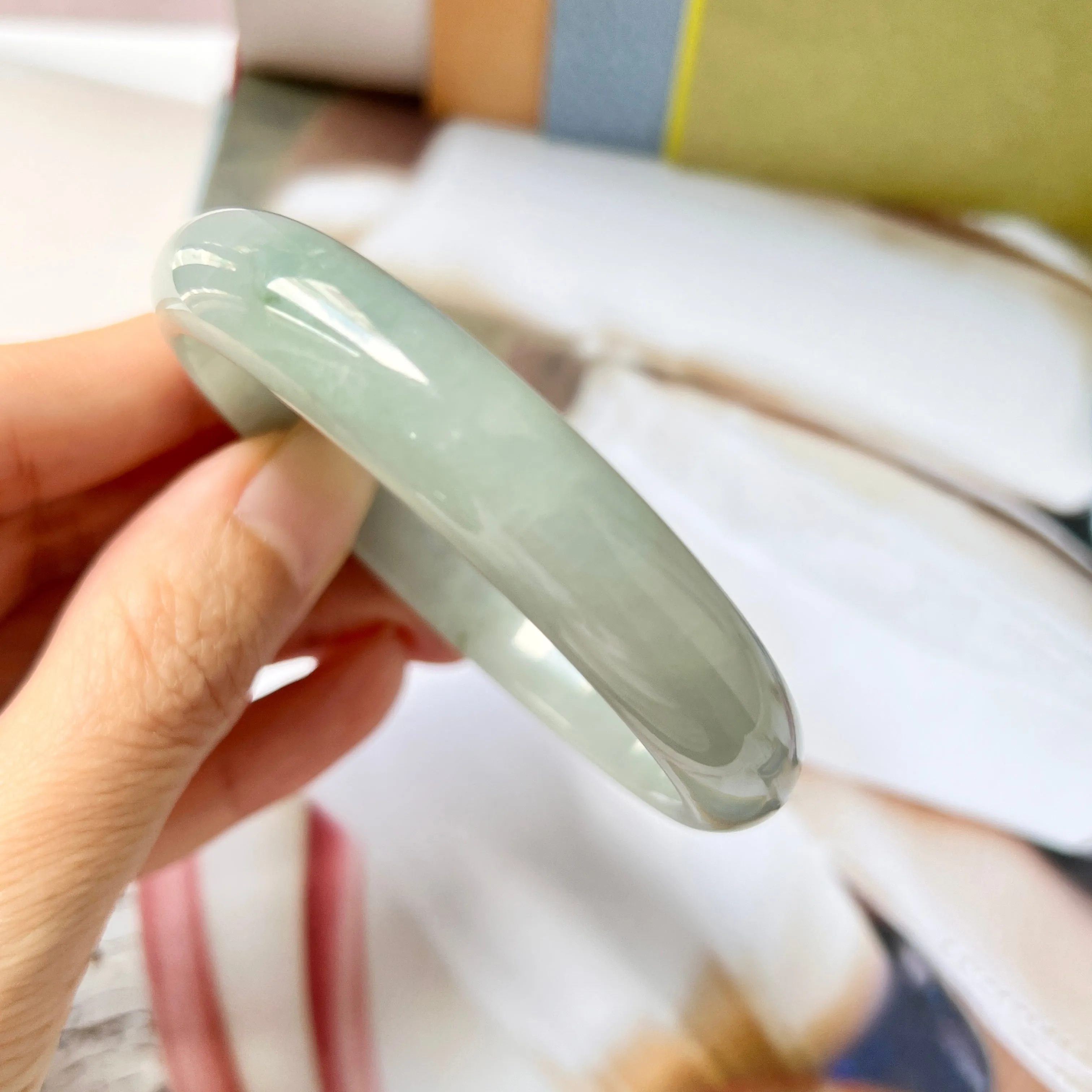 56.1mm A-Grade Natural Light Green Jadeite Modern Round Bangle No.330078