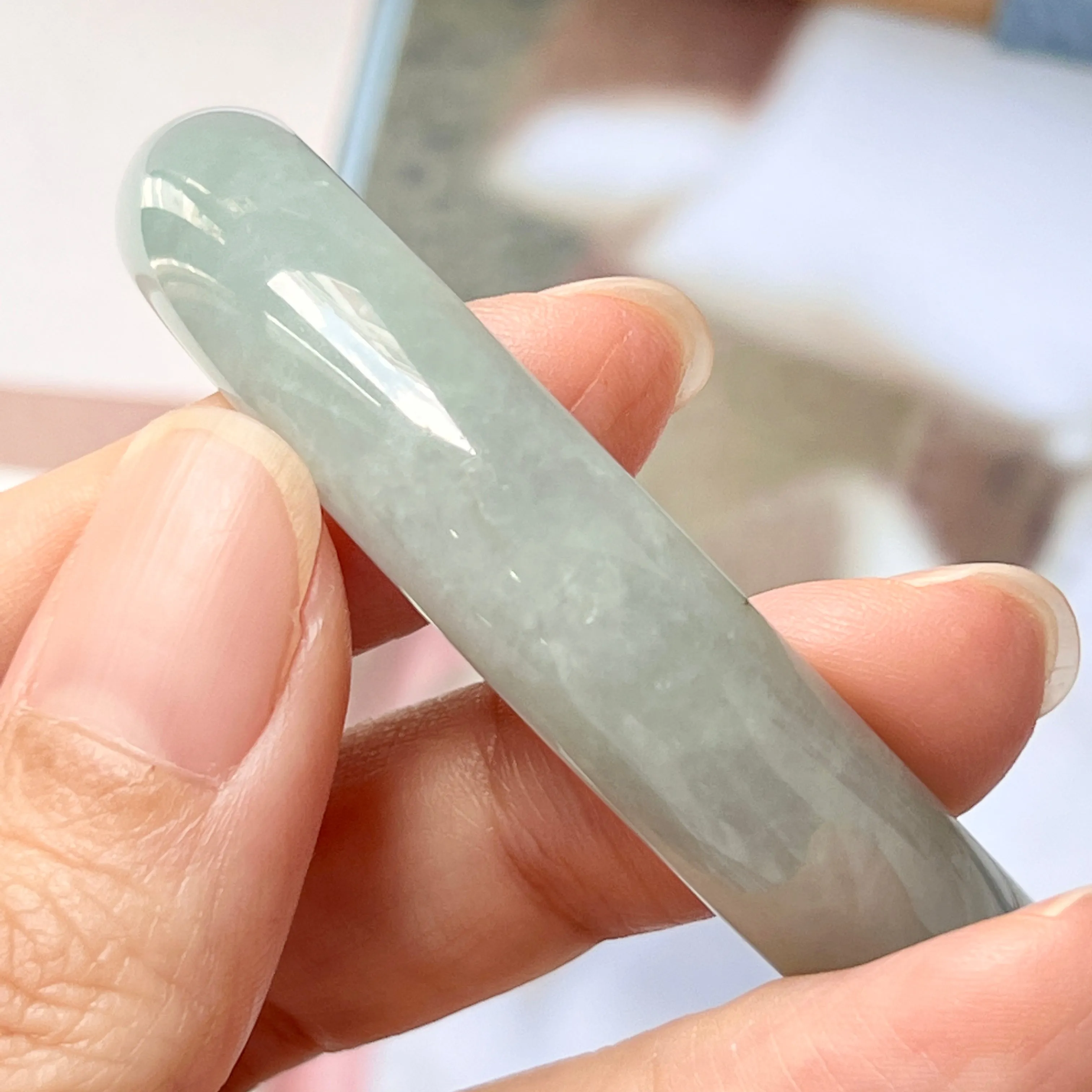 56.1mm A-Grade Natural Light Green Jadeite Modern Round Bangle No.330078