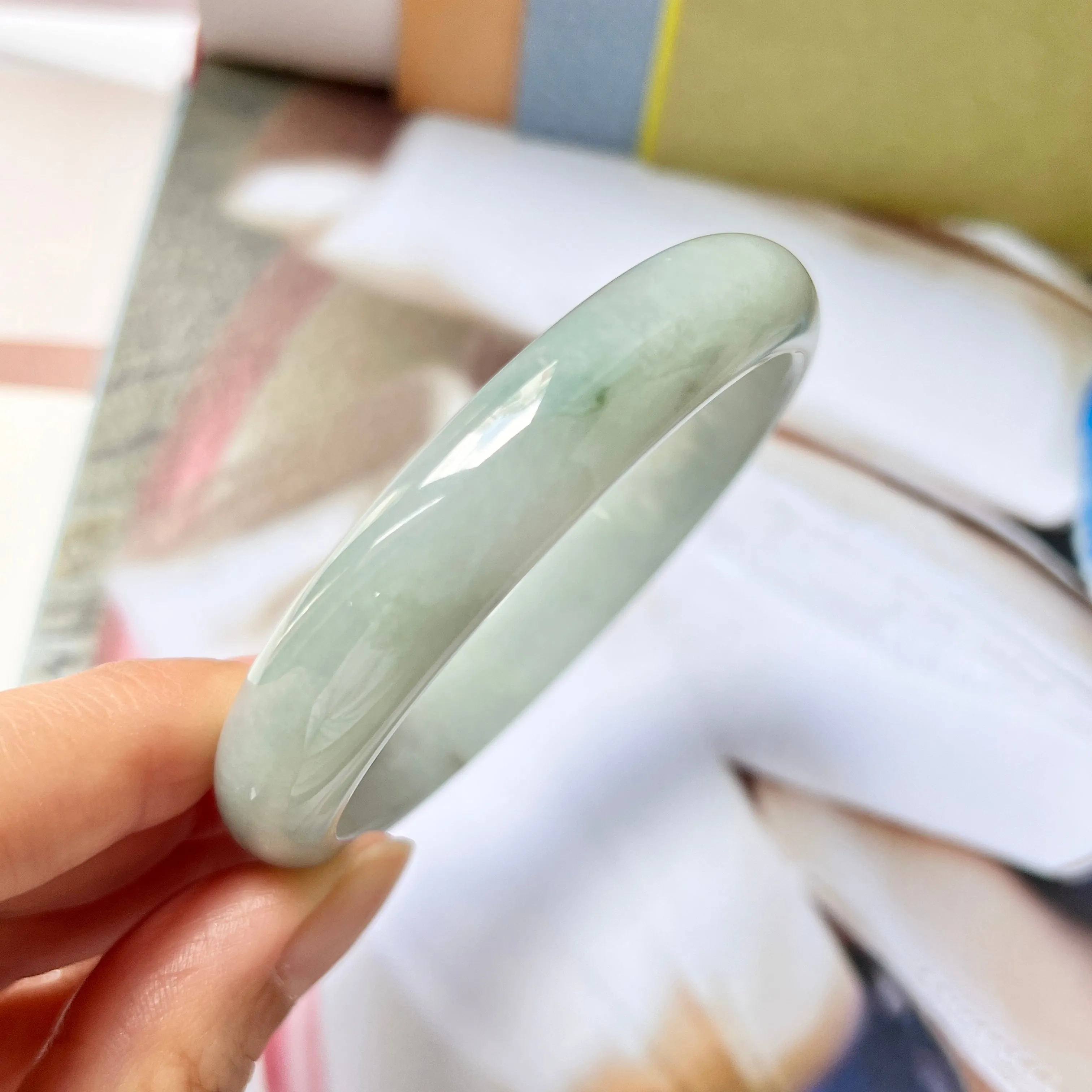 56.1mm A-Grade Natural Light Green Jadeite Modern Round Bangle No.330078