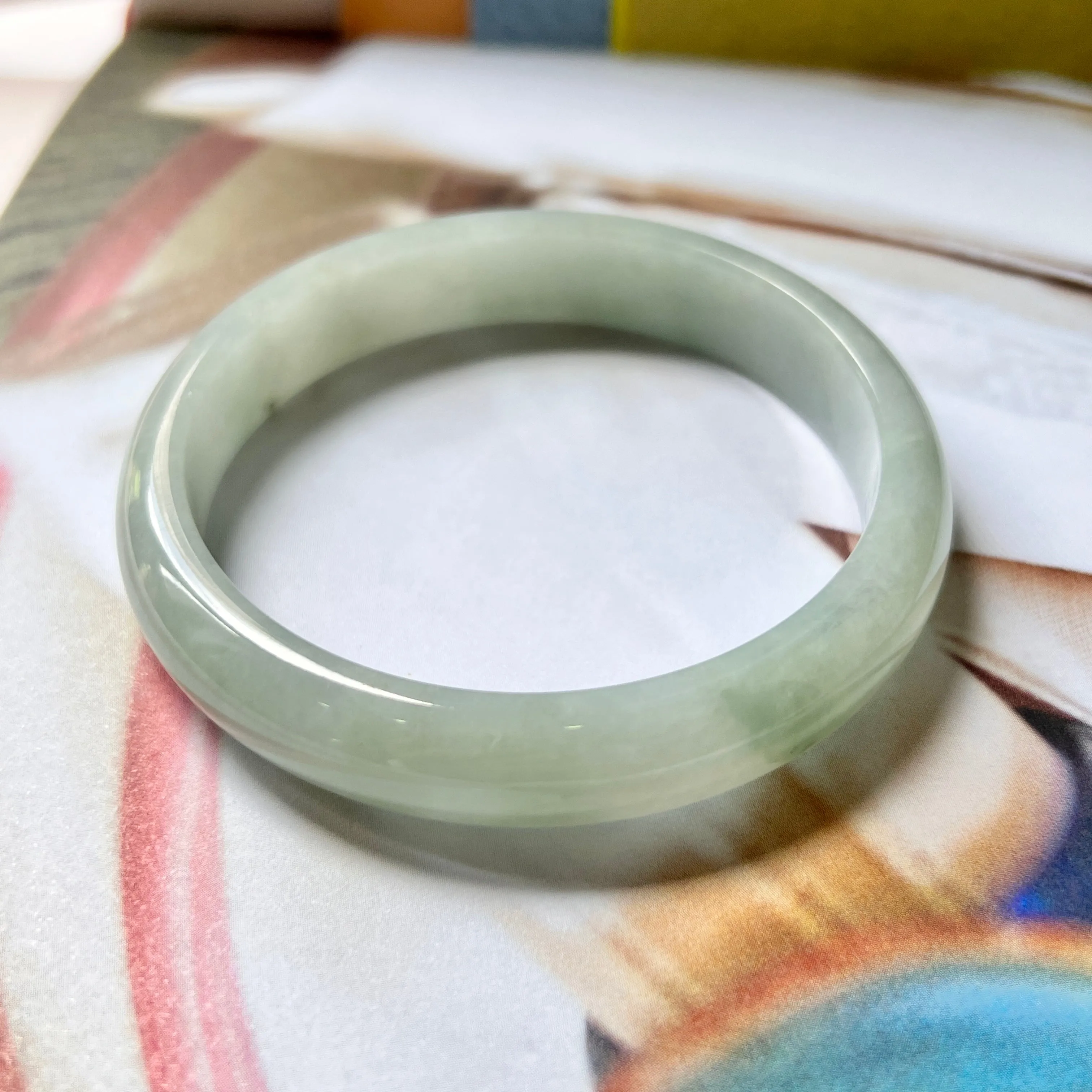 56.1mm A-Grade Natural Light Green Jadeite Modern Round Bangle No.330078