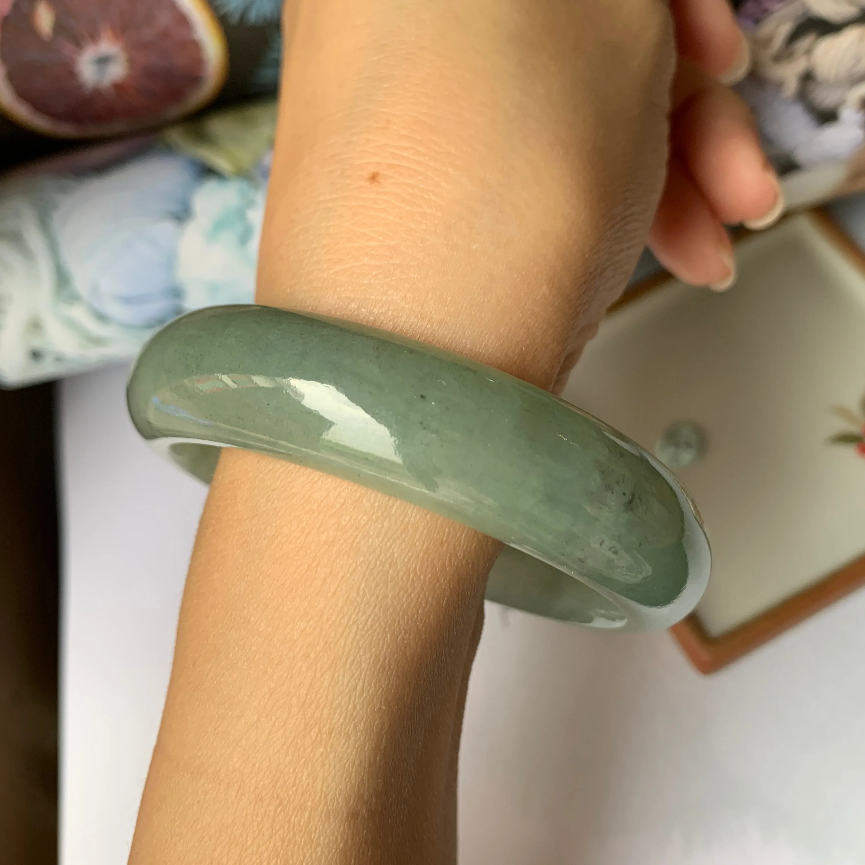 56.9mm A-Grade Natural Bluish Green Jadeite Modern Round Bangle No.151888