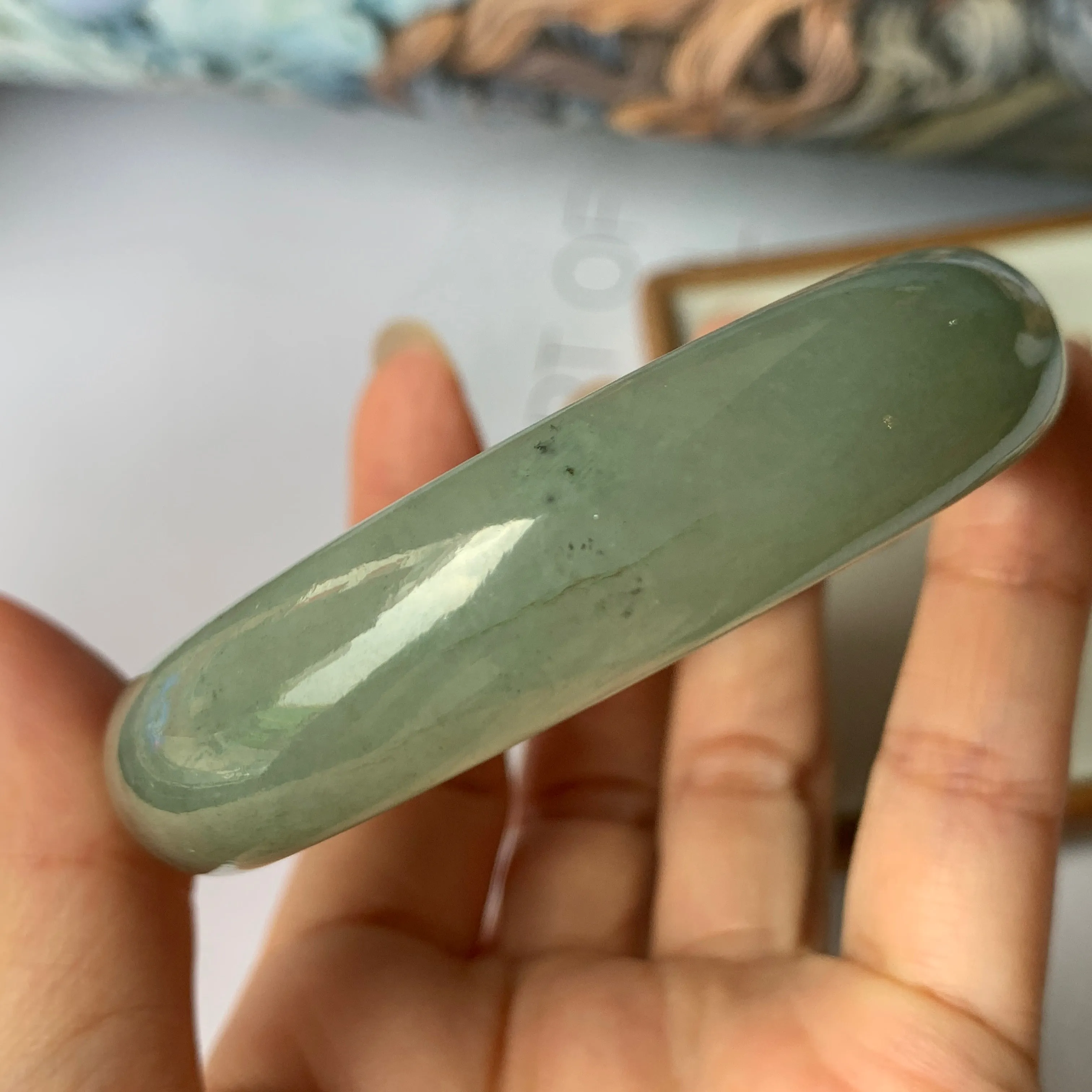 56.9mm A-Grade Natural Bluish Green Jadeite Modern Round Bangle No.151888