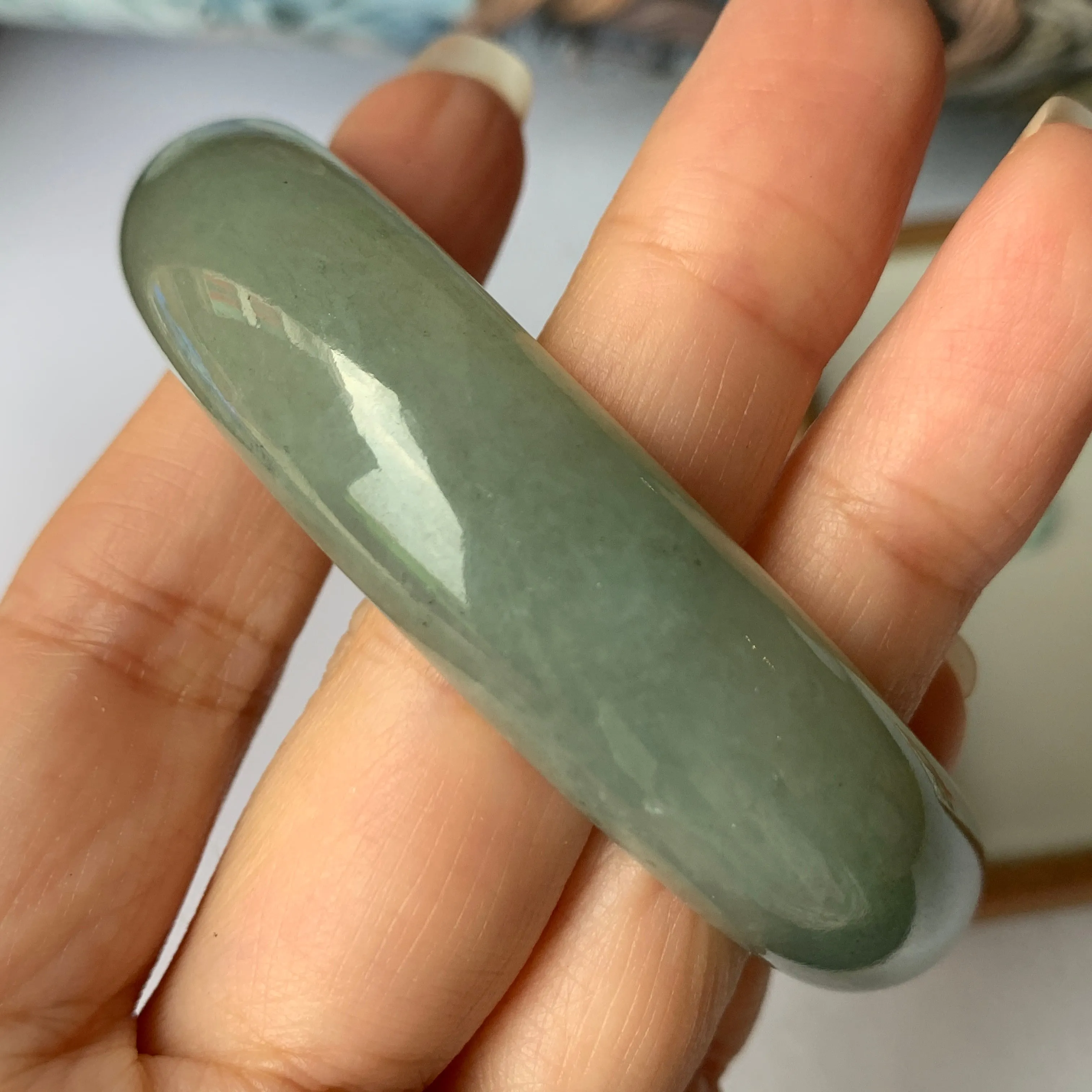 56.9mm A-Grade Natural Bluish Green Jadeite Modern Round Bangle No.151888