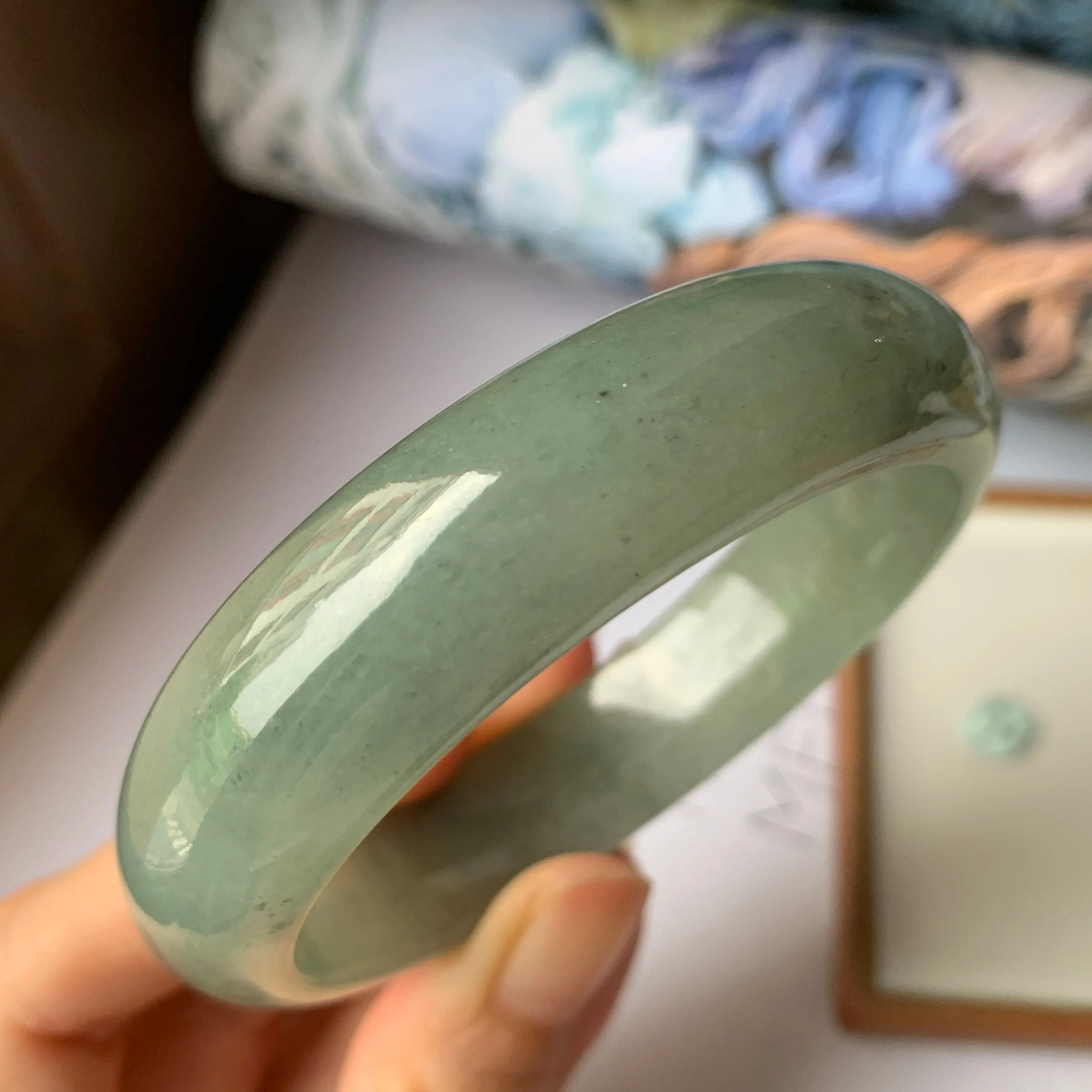 56.9mm A-Grade Natural Bluish Green Jadeite Modern Round Bangle No.151888