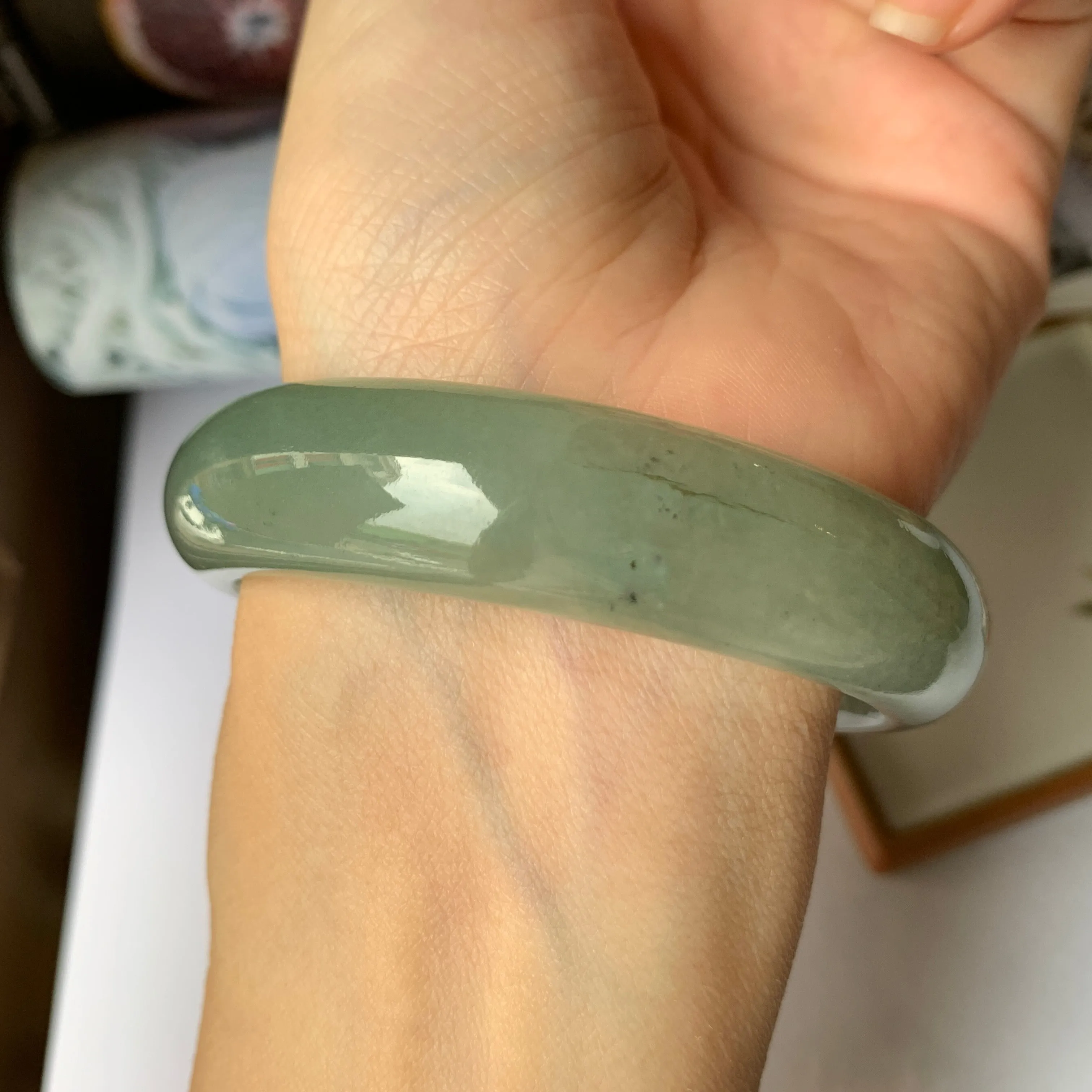 56.9mm A-Grade Natural Bluish Green Jadeite Modern Round Bangle No.151888