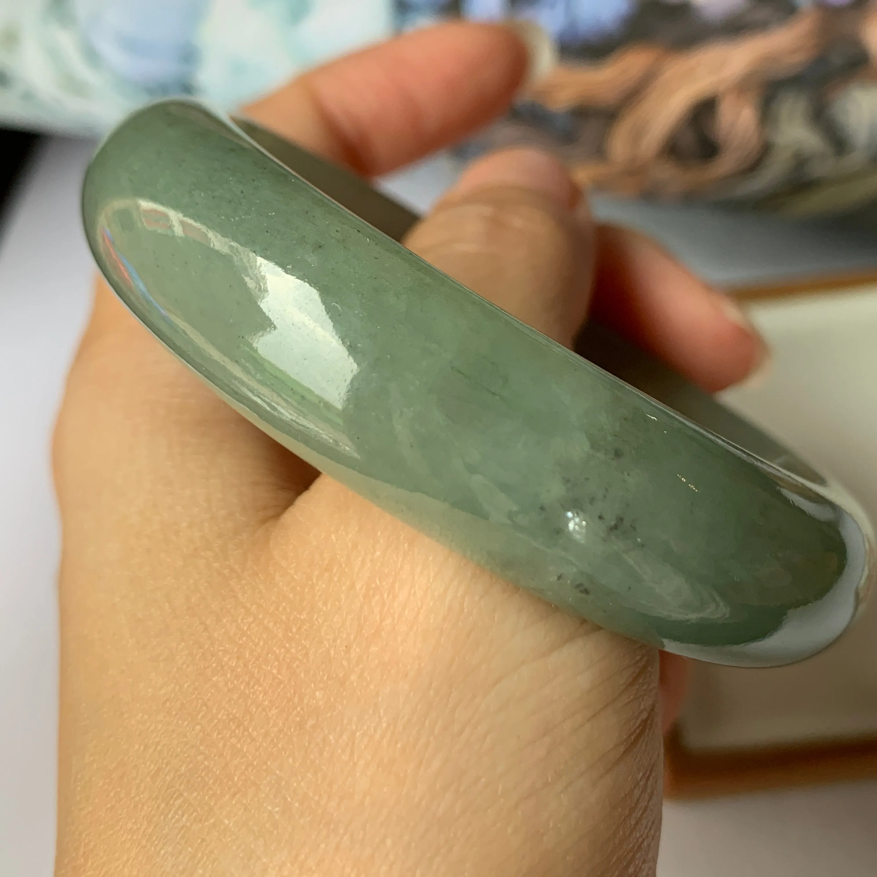 56.9mm A-Grade Natural Bluish Green Jadeite Modern Round Bangle No.151888