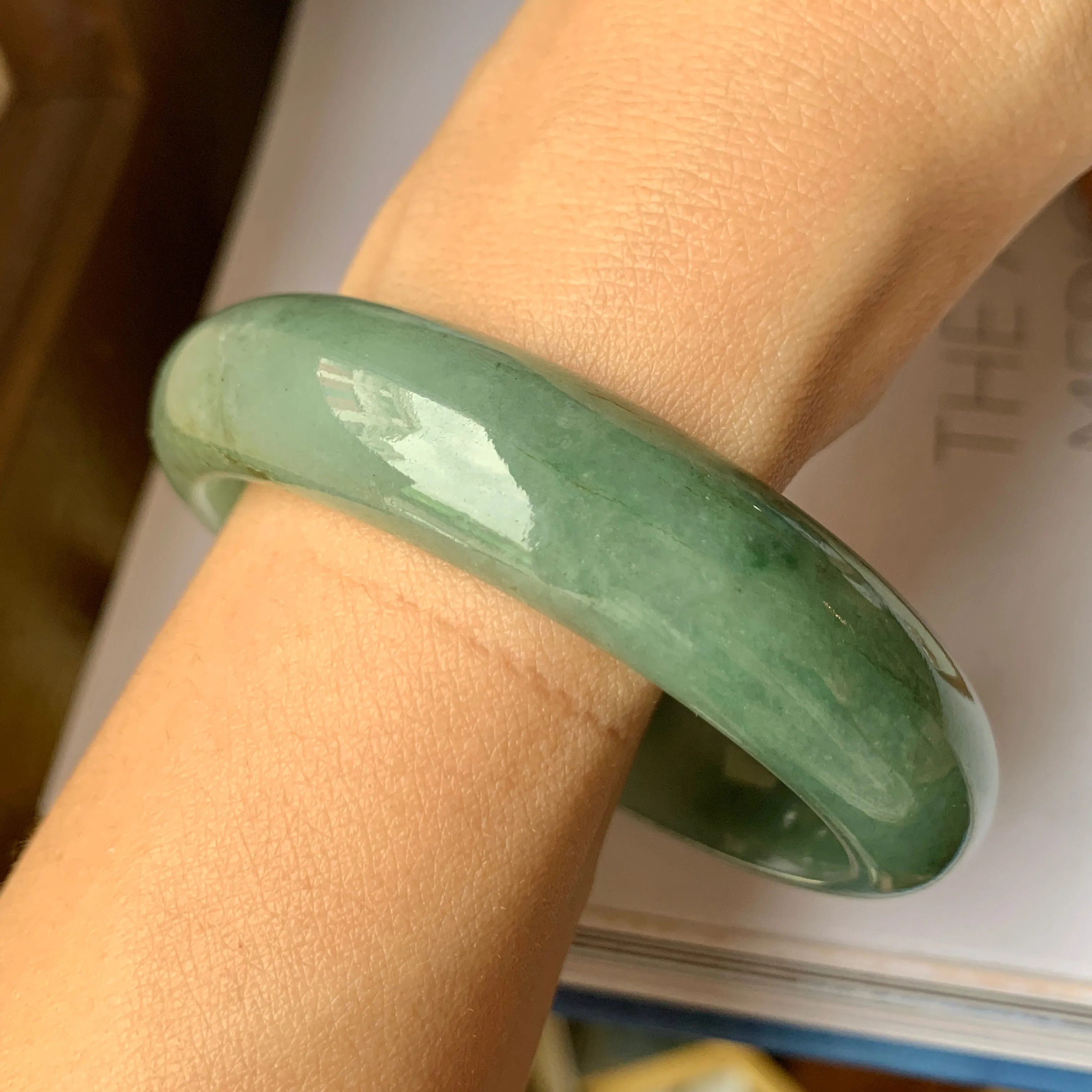 57.4mm A-Grade Natural Bluish Green Jadeite Modern Round Bangle No.151889