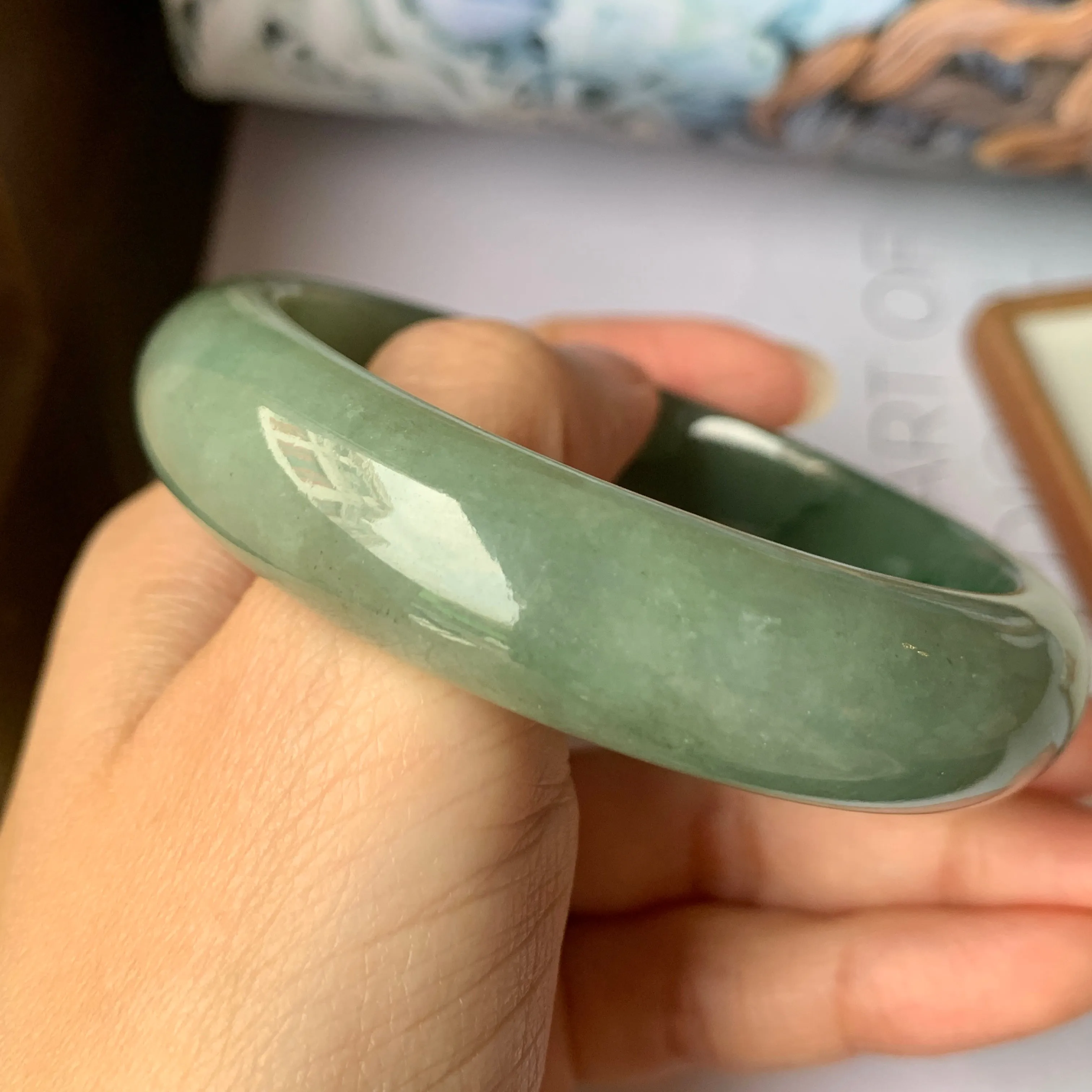 57.4mm A-Grade Natural Bluish Green Jadeite Modern Round Bangle No.151889