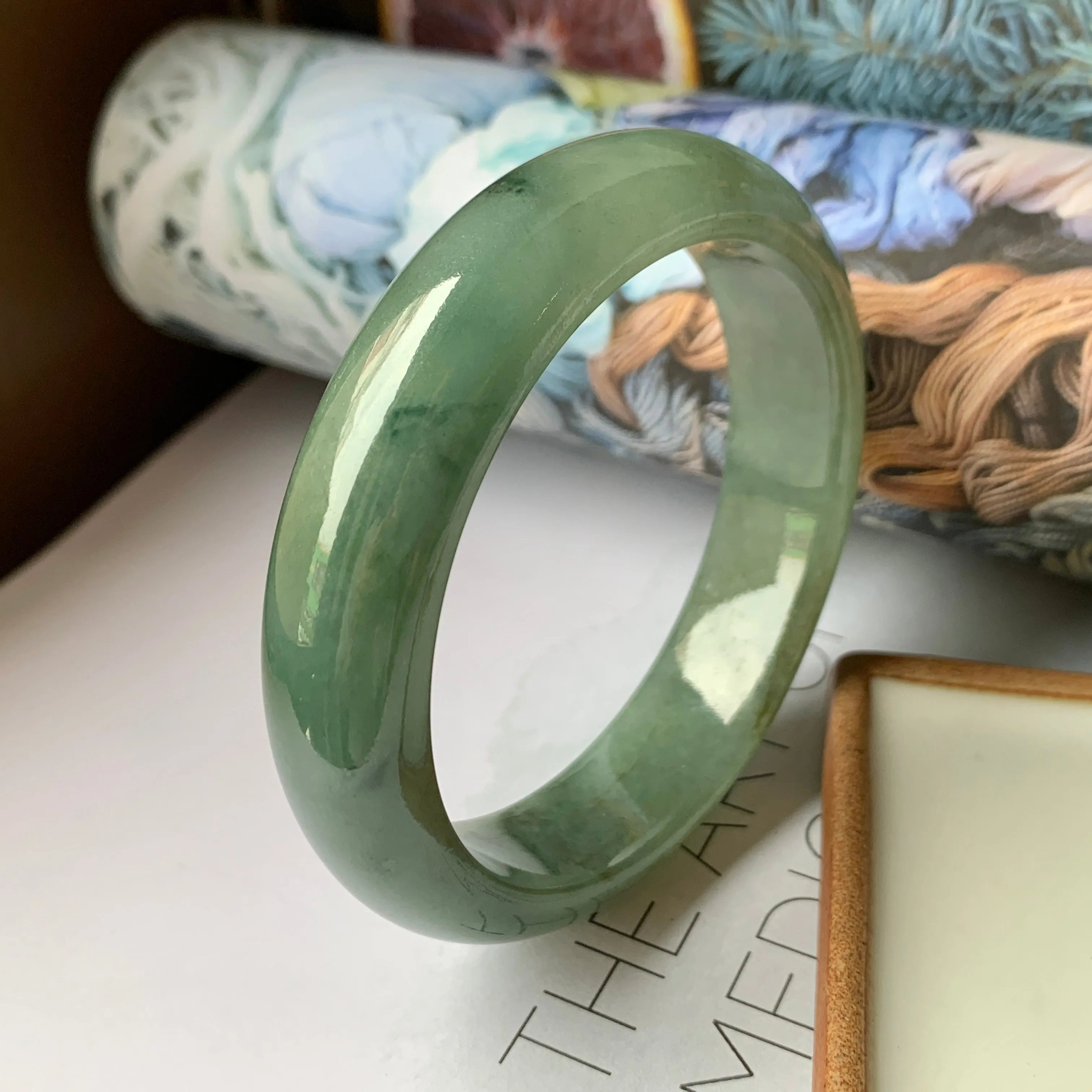 57.4mm A-Grade Natural Bluish Green Jadeite Modern Round Bangle No.151889