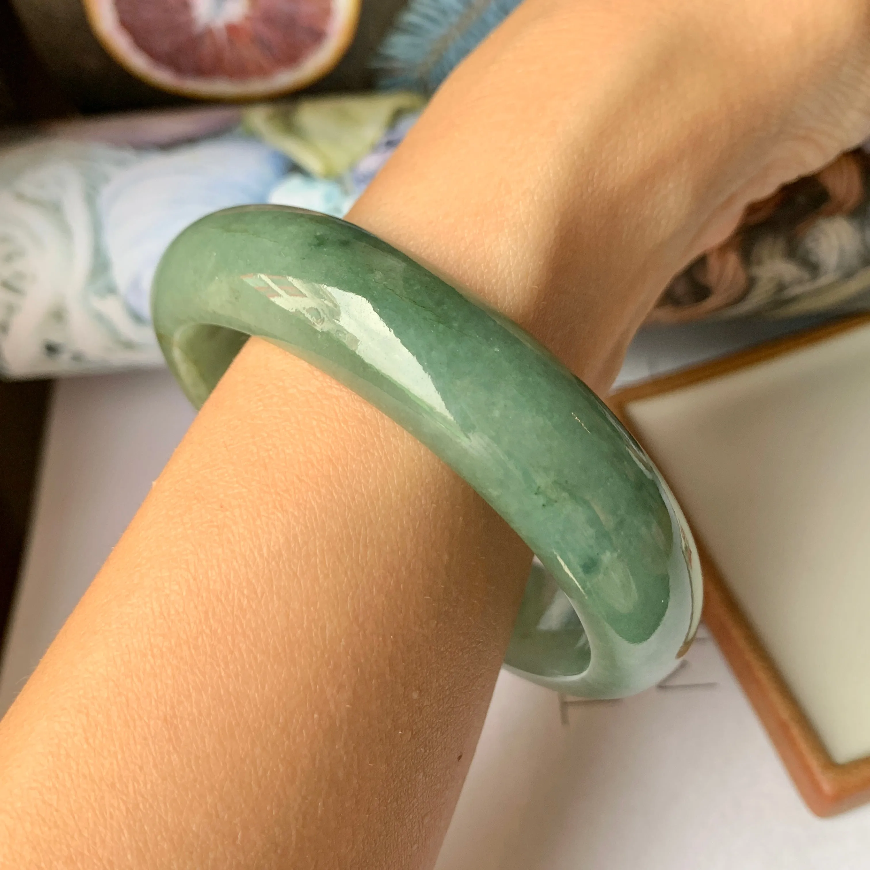 57.4mm A-Grade Natural Bluish Green Jadeite Modern Round Bangle No.151889