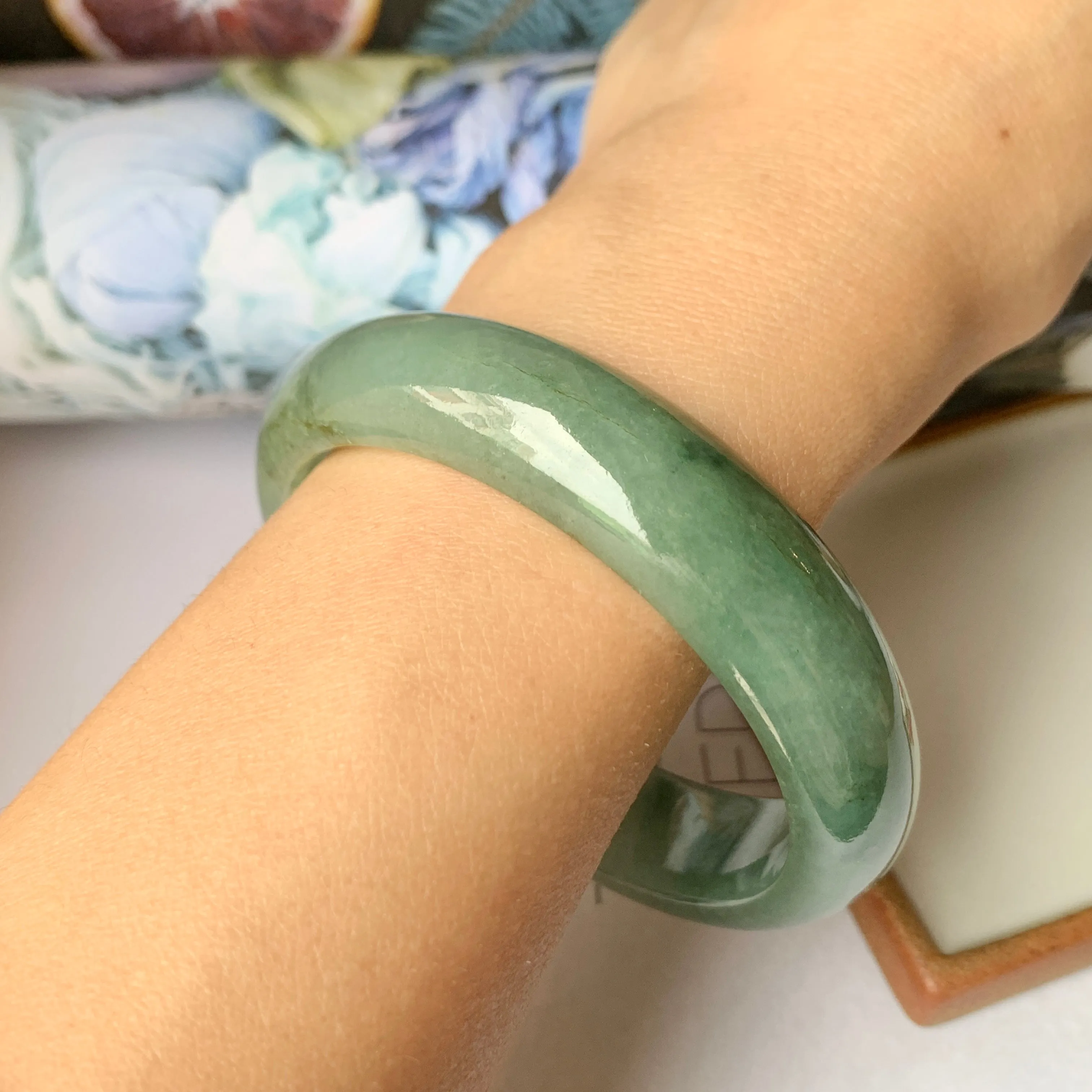 57.4mm A-Grade Natural Bluish Green Jadeite Modern Round Bangle No.151889