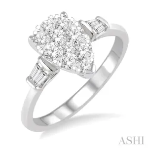 5/8 ctw Pear Shape Lovebright Baguette and Round Cut Diamond Cluster Ring in 14K White Gold