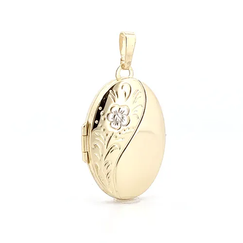 9ct 2 Tone Gold 2 Picture Oval Engraved Floral Locket Pendant Necklace