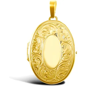 9ct Yellow Gold 2 Picture Oval Shaped Engraved Locket Pendant Necklace