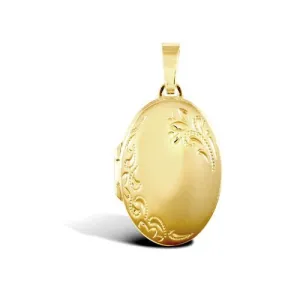 9ct Yellow Gold 4 Picture Oval Shaped Engraved Locket Pendant Necklace