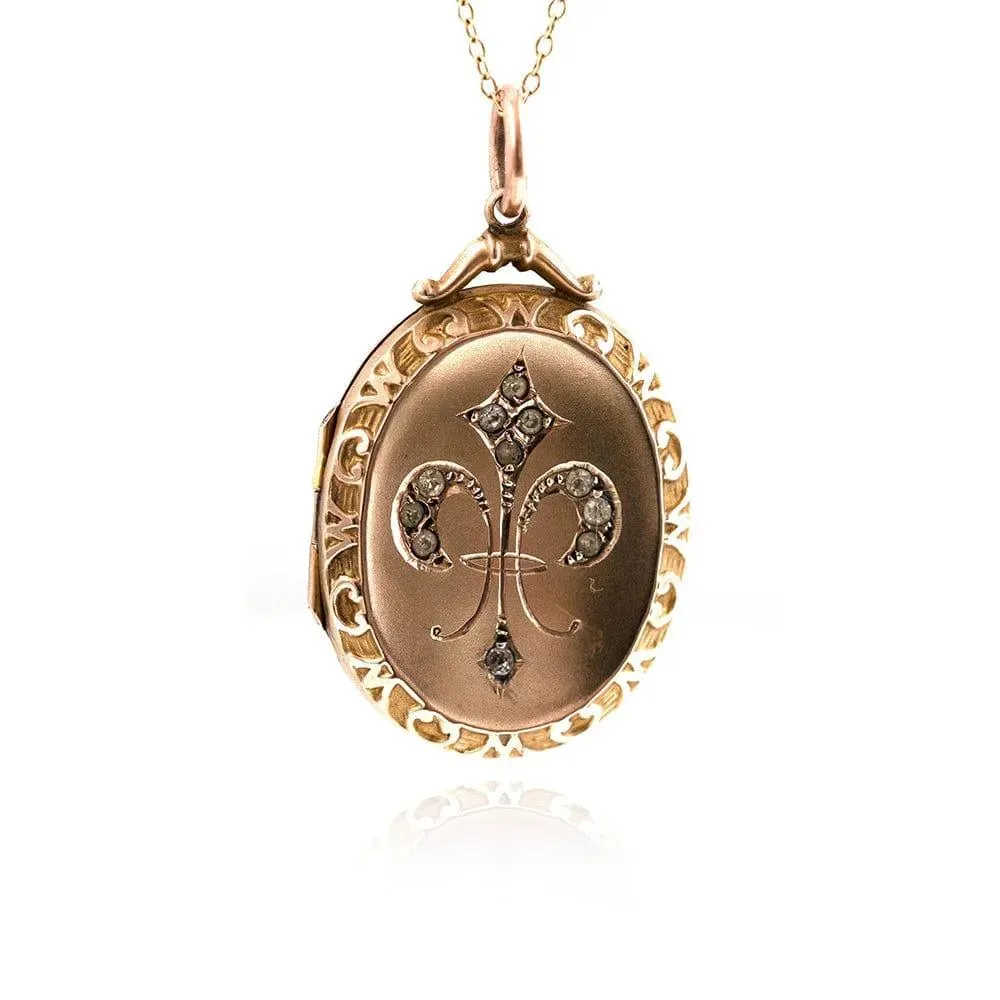 Antique Victorian Paste 'Fleur de Lis'  9ct Gold Locket Necklace