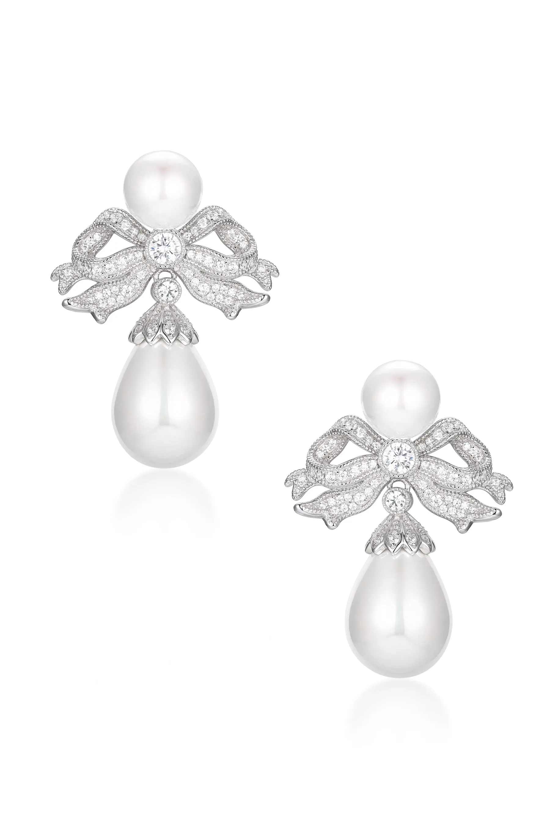 'Antoinette' Bow and Pearl Drop Silver Earrings