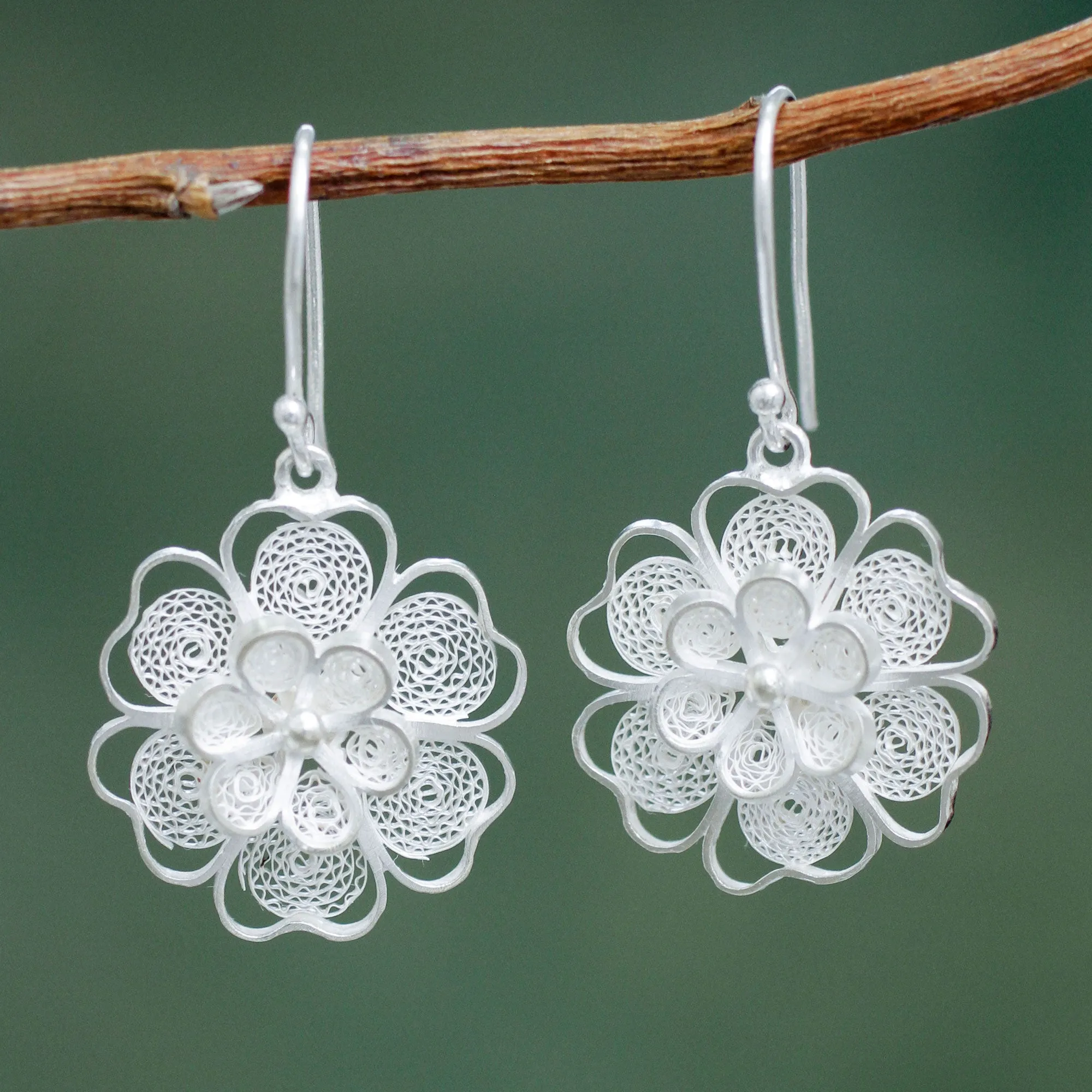 Artisan Crafted Sterling Filigree Peruvian Flower Earrings - Filigree Jasmine | NOVICA