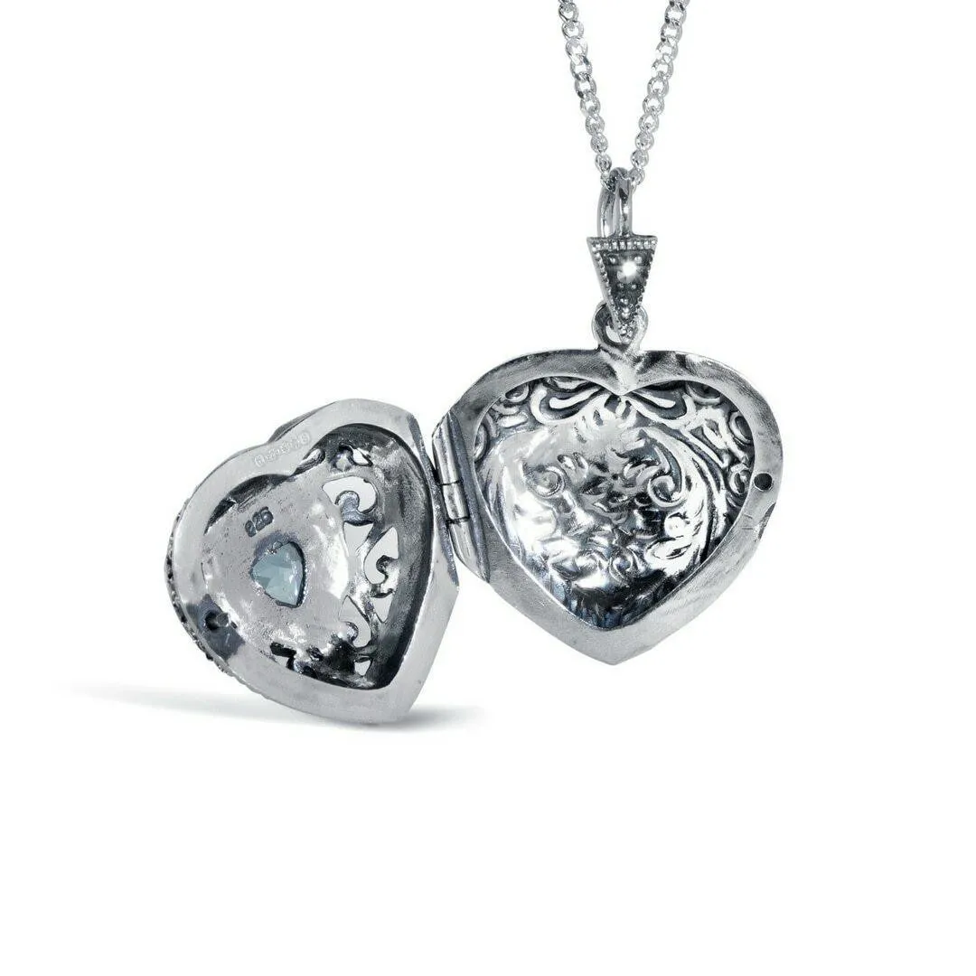 Blue Topaz Vintage Heart Locket | White Gold