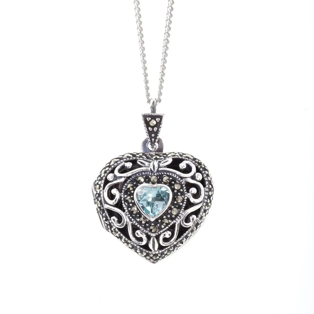 Blue Topaz Vintage Heart Locket | White Gold