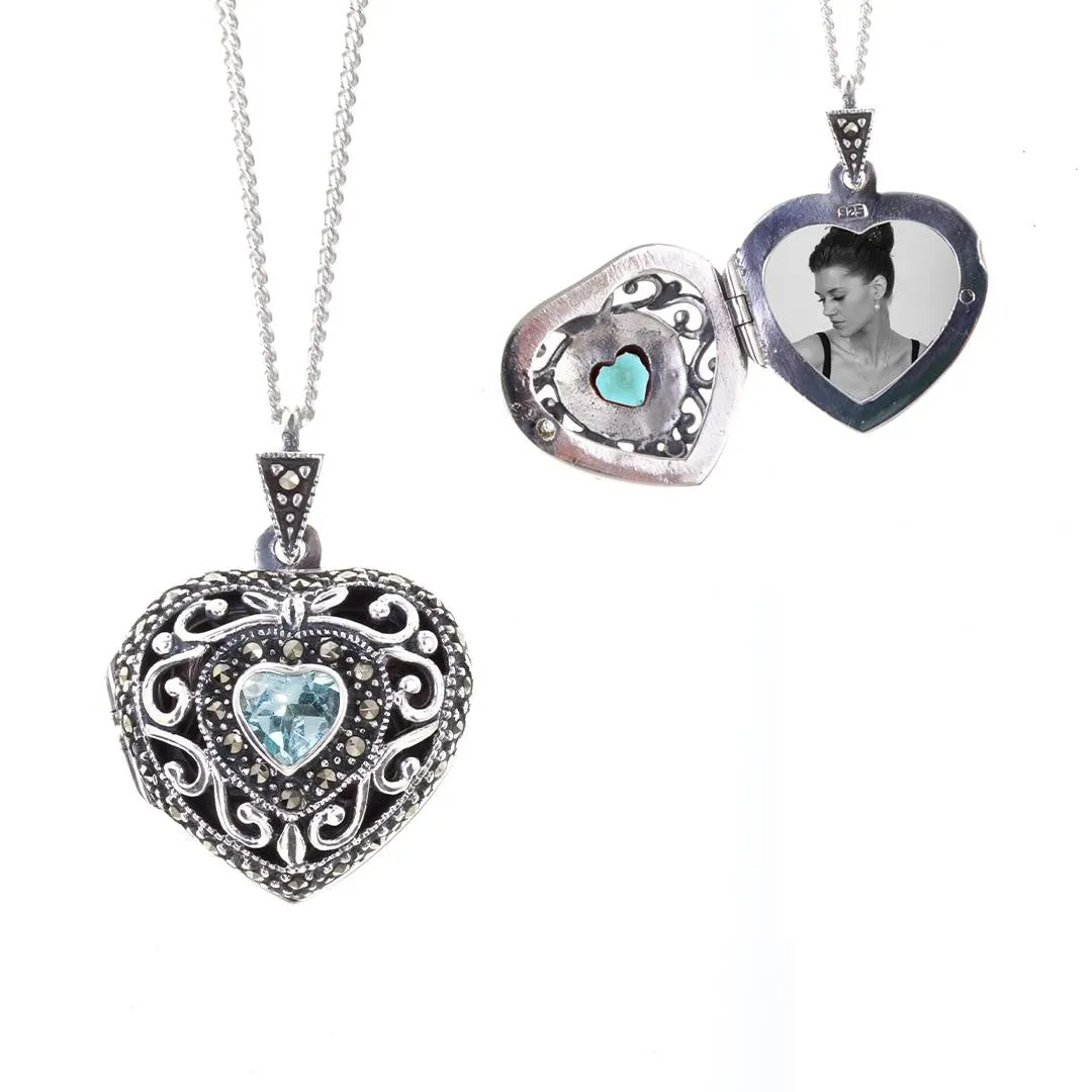 Blue Topaz Vintage Heart Locket | White Gold