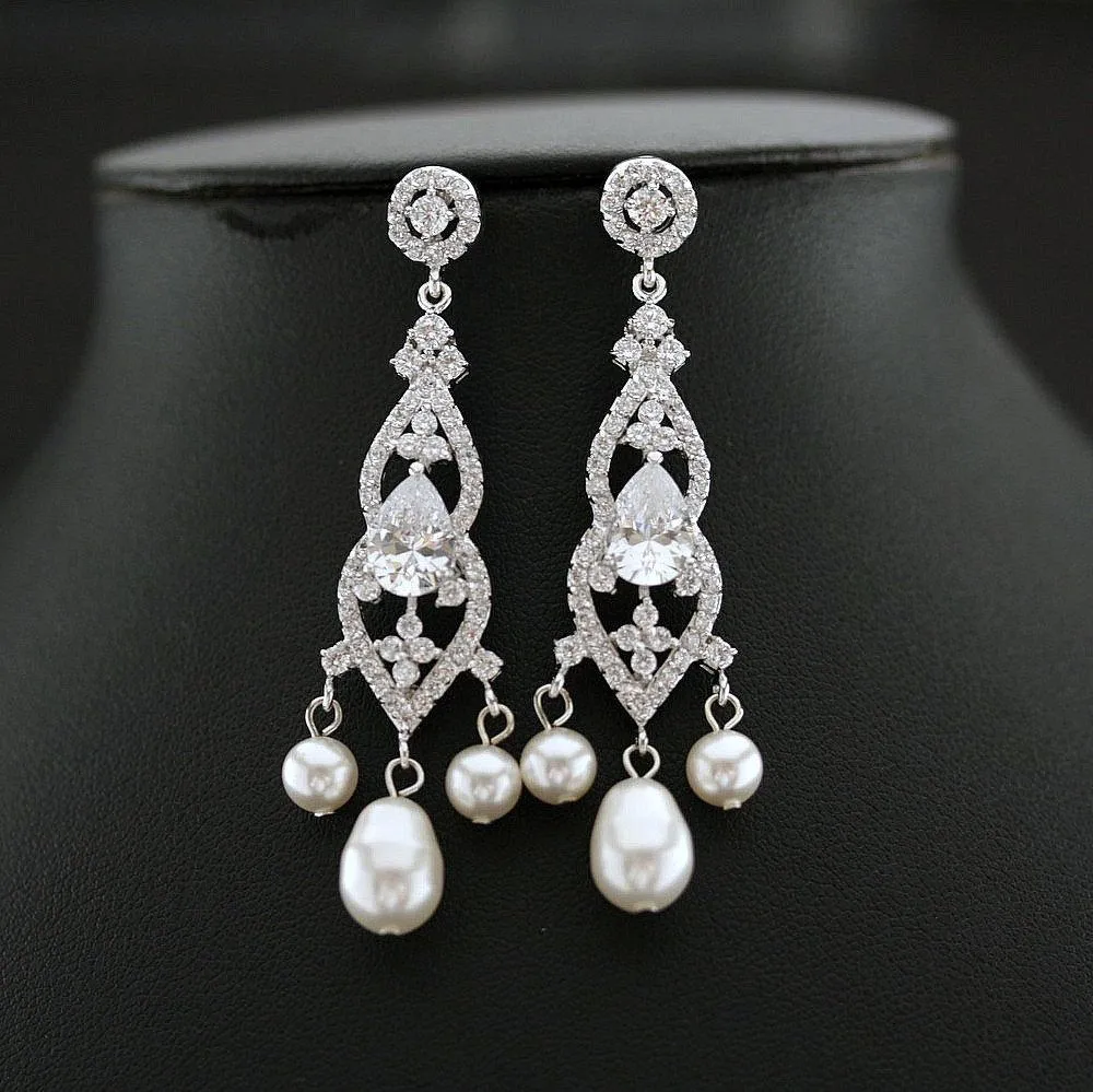 Bridal Chandelier Earrings with Pearls-Laura