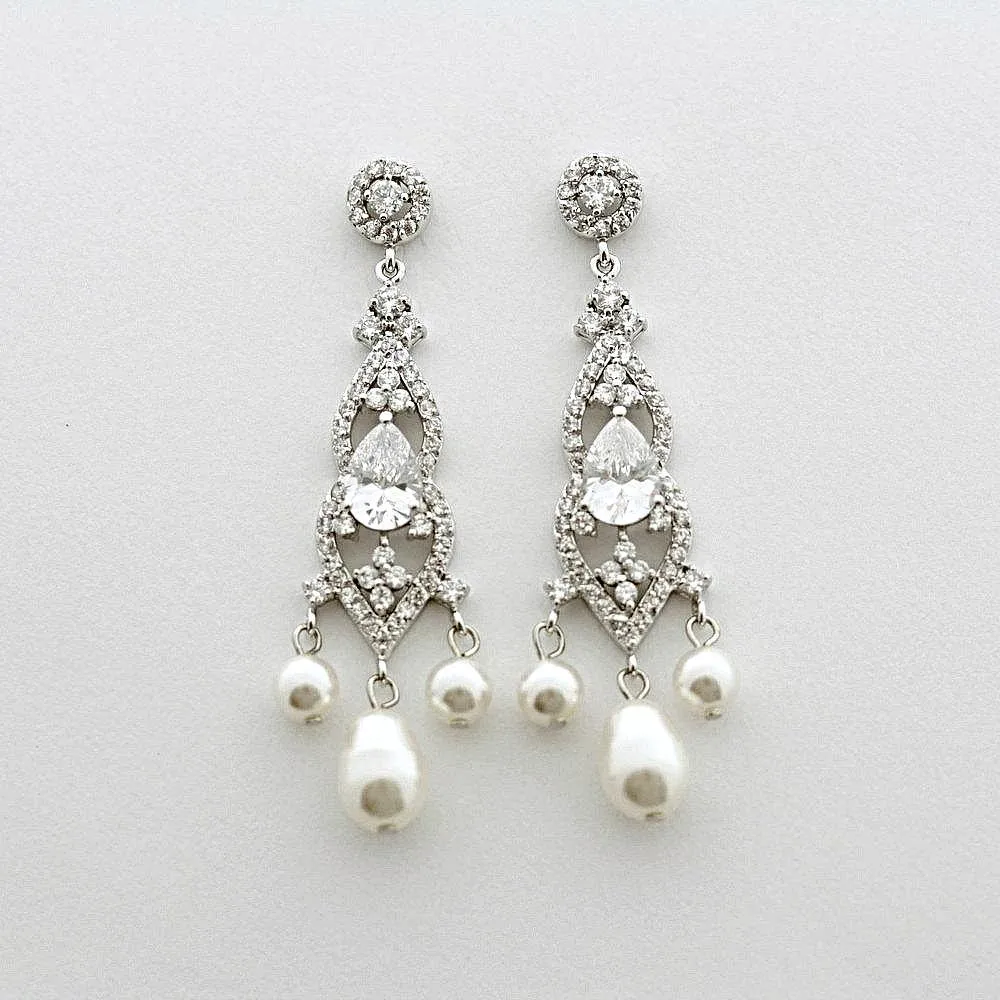 Bridal Chandelier Earrings with Pearls-Laura