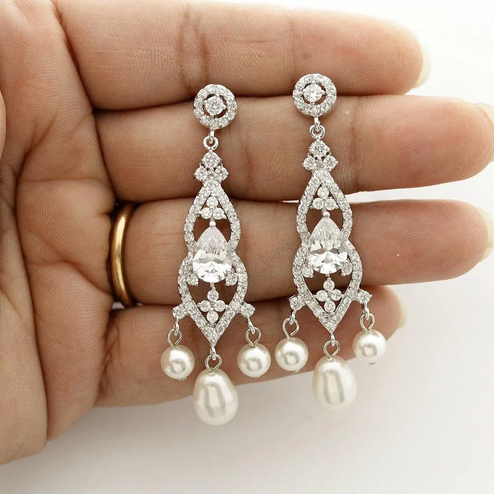 Bridal Chandelier Earrings with Pearls-Laura