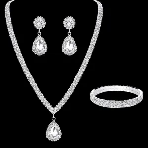 Bridal Jewelry Sets Three-piece Rhinestone Alloy Earrings Necklace Bracelets Simple Luxury Tennis Chain Drop Jewelry Set