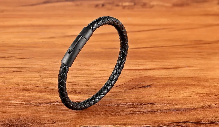 Classic Style Men Leather Bracelet Simple Black Stainless Steel Button Neutral Hand-woven Jewelry