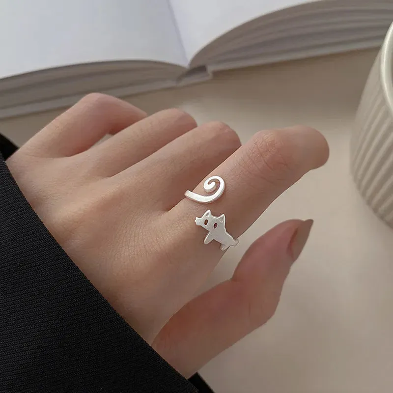 Cute Silver Color New Trendy Cat Engagement Rings for Women Couple Elegant Simple Handmade Finger Anillos Jewelry Adjustable