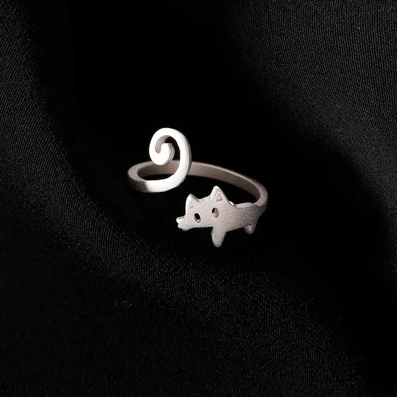 Cute Silver Color New Trendy Cat Engagement Rings for Women Couple Elegant Simple Handmade Finger Anillos Jewelry Adjustable