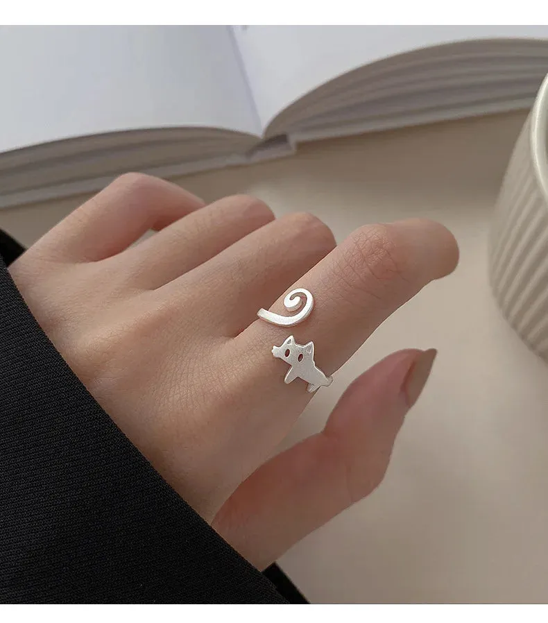 Cute Silver Color New Trendy Cat Engagement Rings for Women Couple Elegant Simple Handmade Finger Anillos Jewelry Adjustable