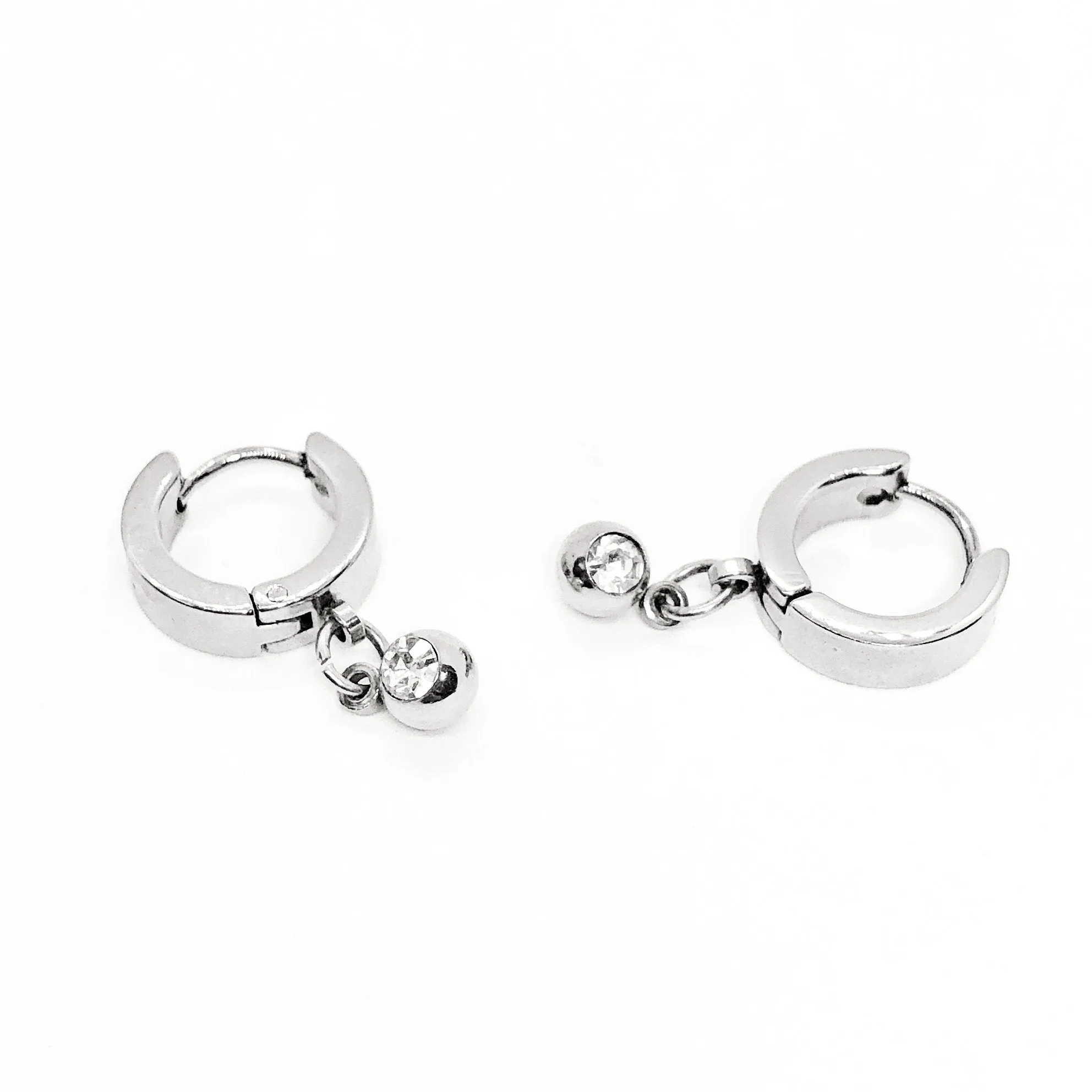 Dangling CZ Bead Stainless Steel Huggie Hoop Earrings