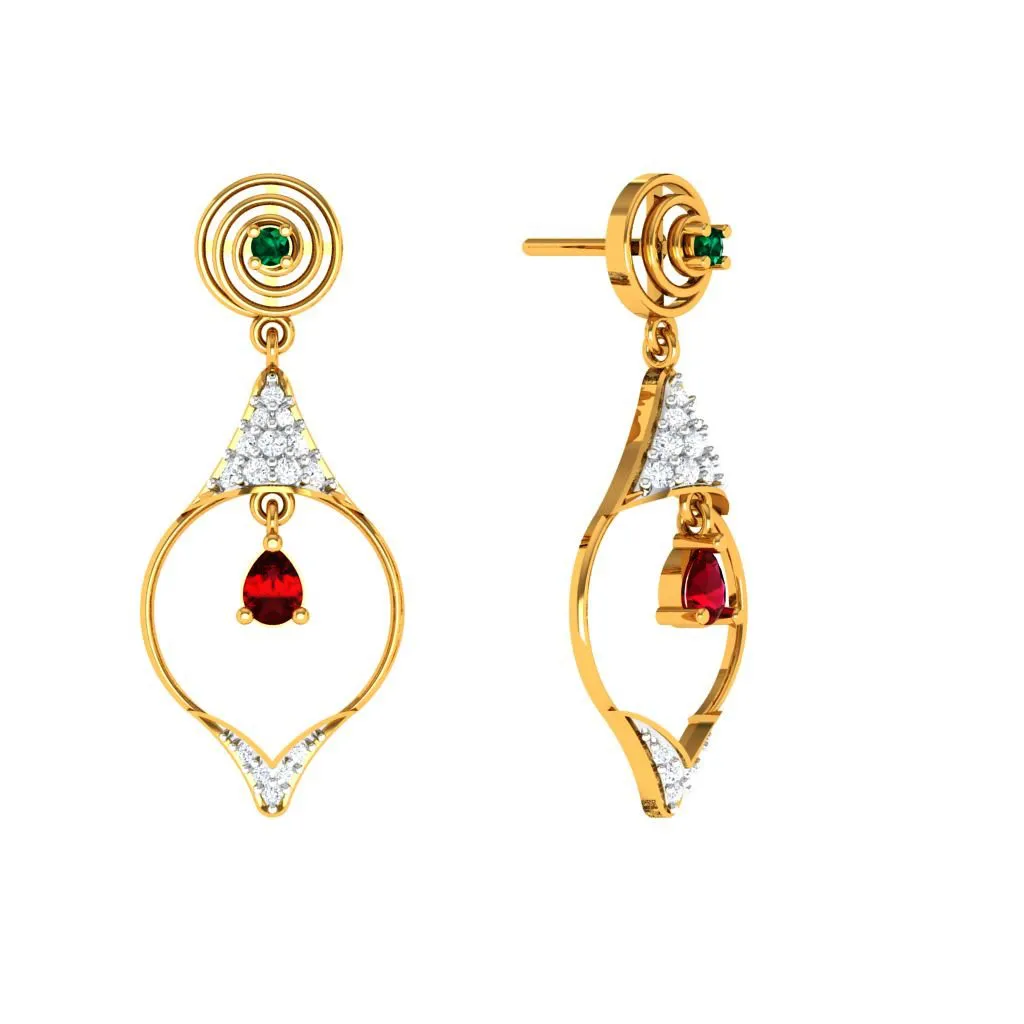 Diamond Studded Drop Dangler With Marvellous Red Stone In 18k Gold Earrings