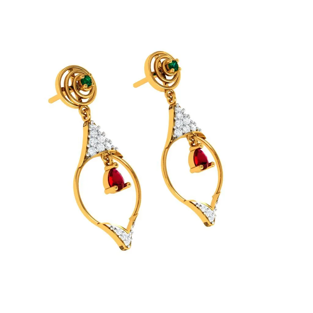 Diamond Studded Drop Dangler With Marvellous Red Stone In 18k Gold Earrings